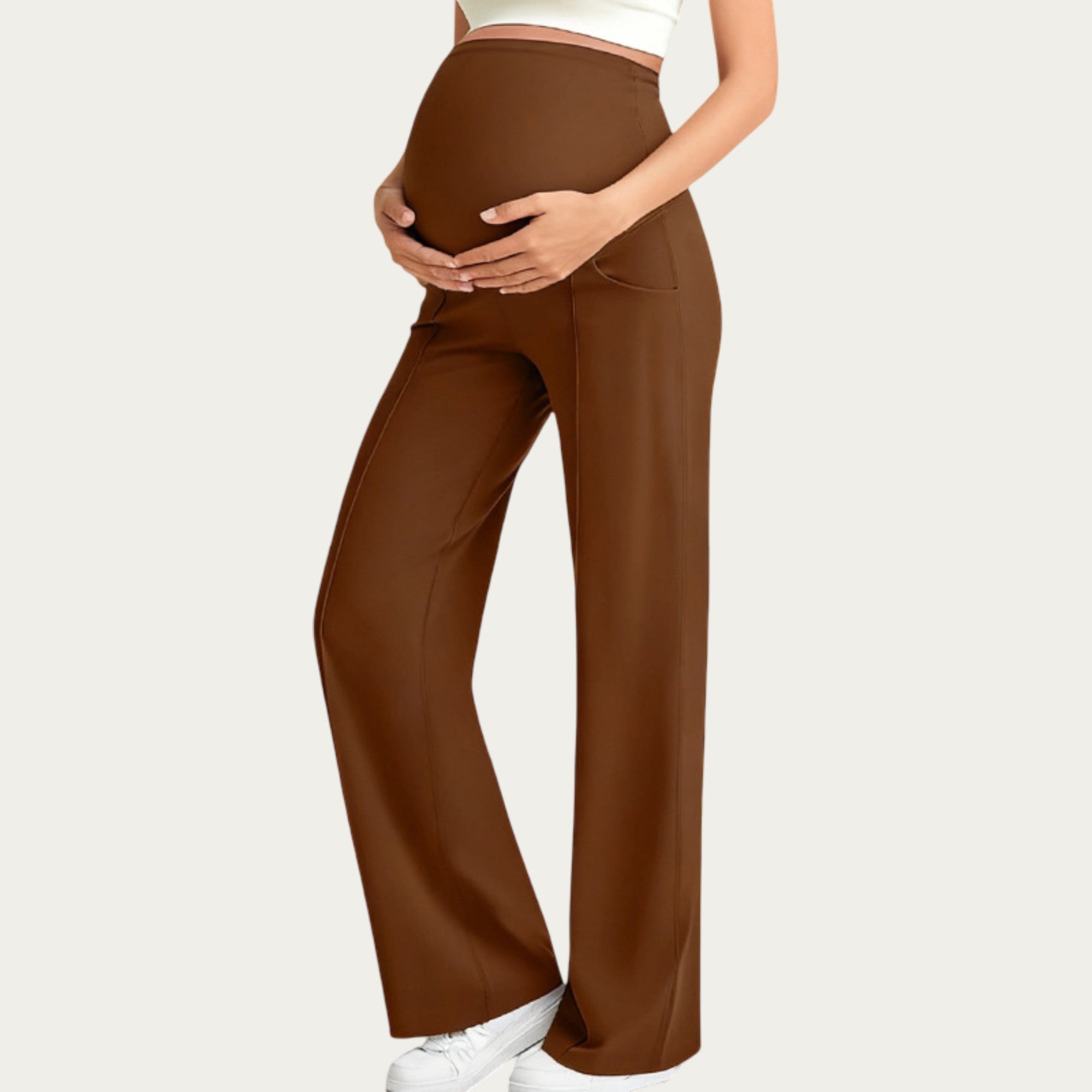 Anna-Kaci Women's Soft Stretch Maternity Pants with Full Belly Panel and Front Seam Detailing for Smooth Support and Flattering Wide Leg Fit