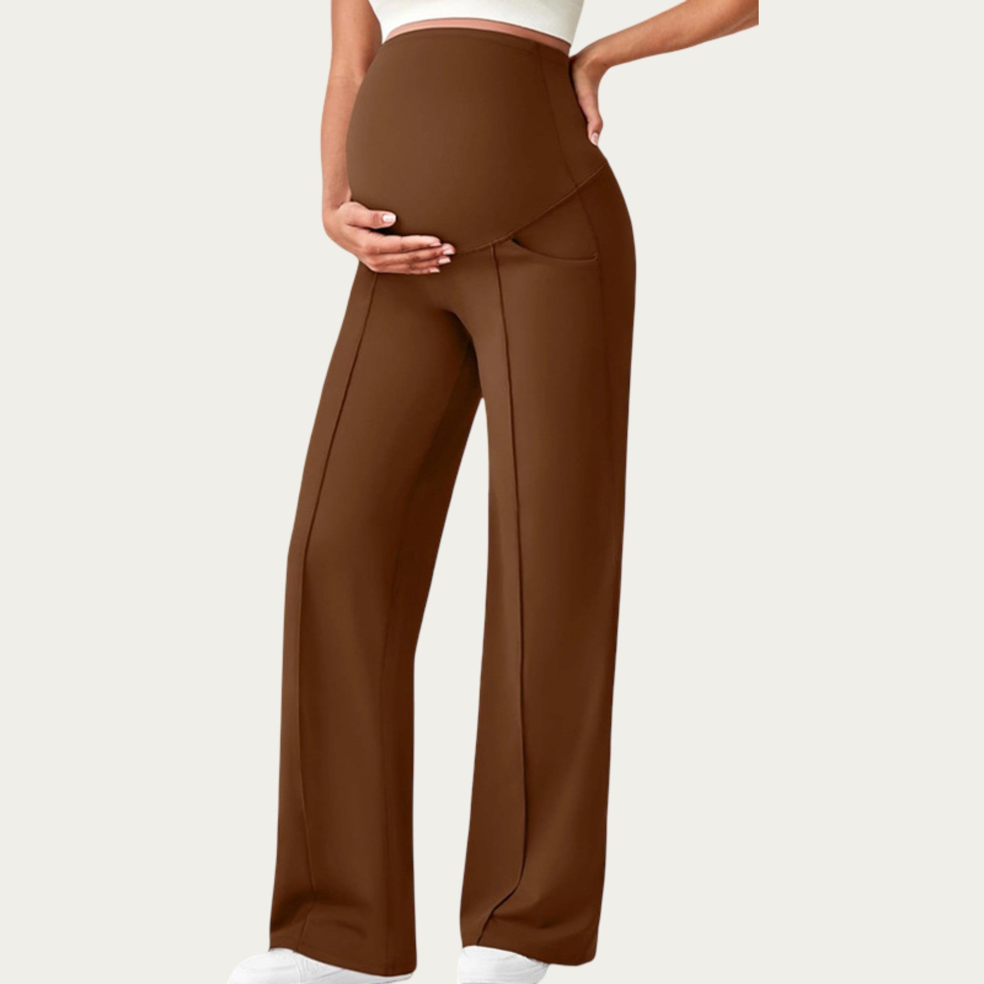 Anna-Kaci Women's Soft Stretch Maternity Pants with Full Belly Panel and Front Seam Detailing for Smooth Support and Flattering Wide Leg Fit