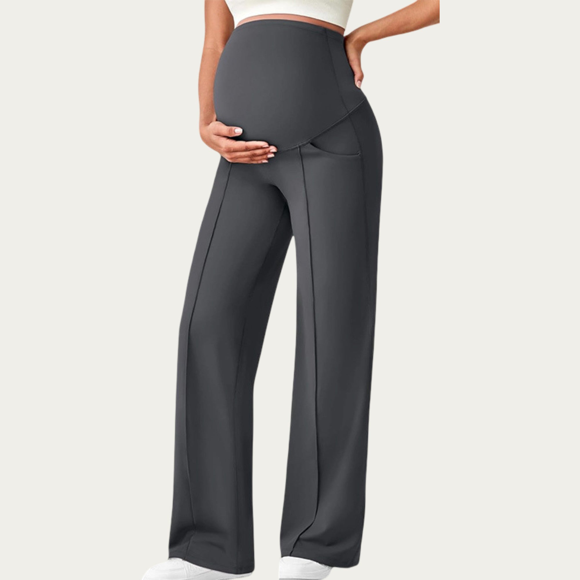 Anna-Kaci Women's Soft Stretch Maternity Pants with Full Belly Panel and Front Seam Detailing for Smooth Support and Flattering Wide Leg Fit