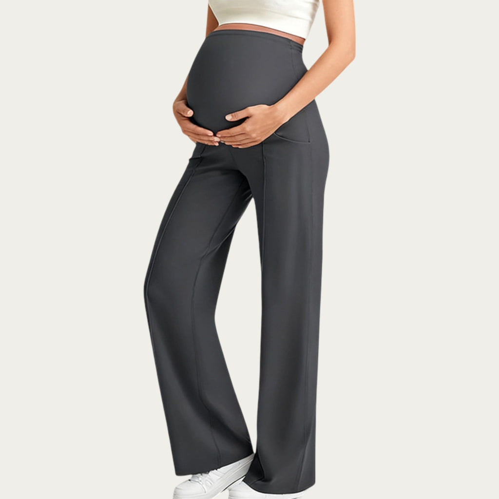 Anna-Kaci Women's Soft Stretch Maternity Pants with Full Belly Panel and Front Seam Detailing for Smooth Support and Flattering Wide Leg Fit