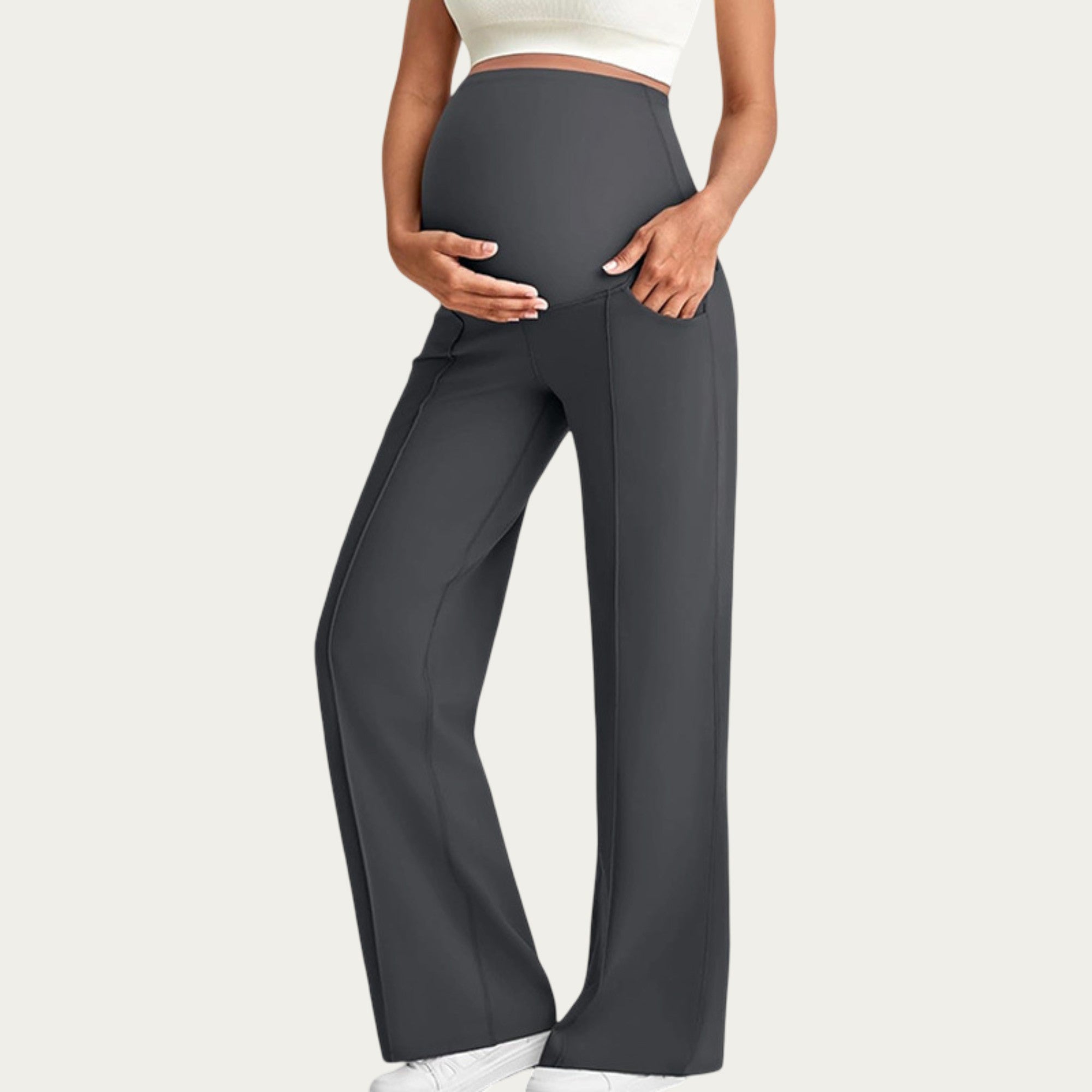 Anna-Kaci Women's Soft Stretch Maternity Pants with Full Belly Panel and Front Seam Detailing for Smooth Support and Flattering Wide Leg Fit