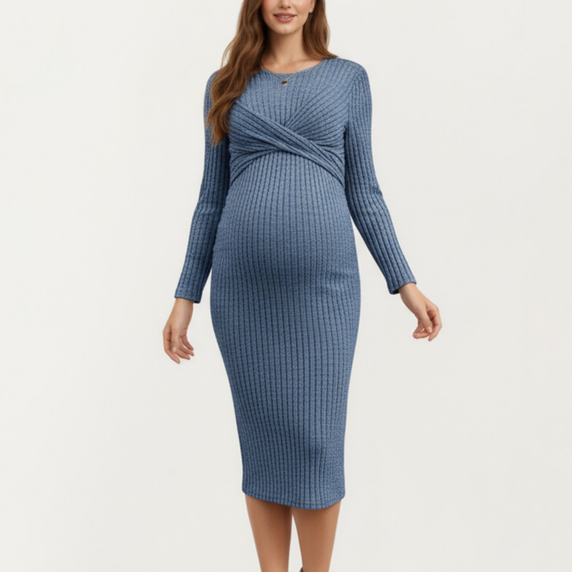 Anna-Kaci Women's Ribbed Knit Maternity Dress with Long Sleeves and Front Twist Detail for Soft Stretch Comfort and a Smooth, Flattering Fit