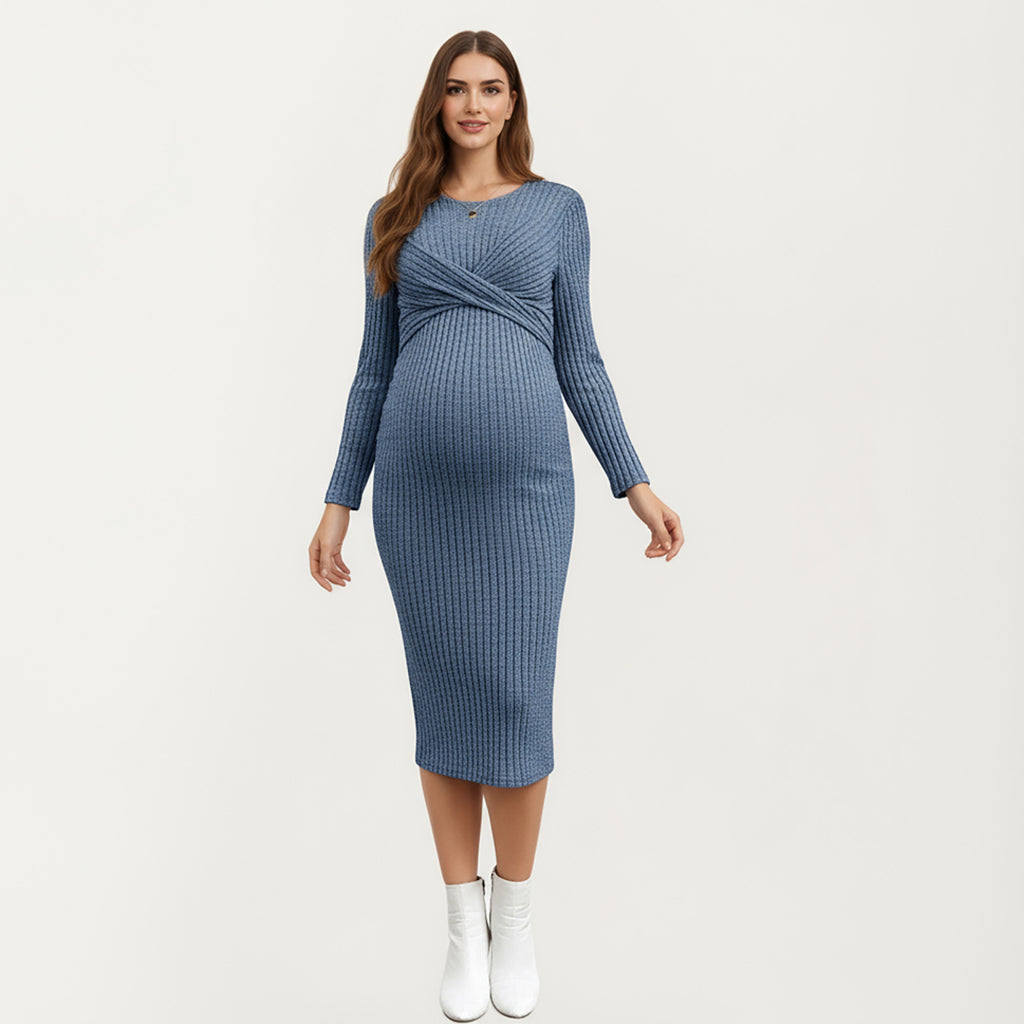 Anna-Kaci Women's Ribbed Knit Maternity Dress with Long Sleeves and Front Twist Detail for Soft Stretch Comfort and a Smooth, Flattering Fit