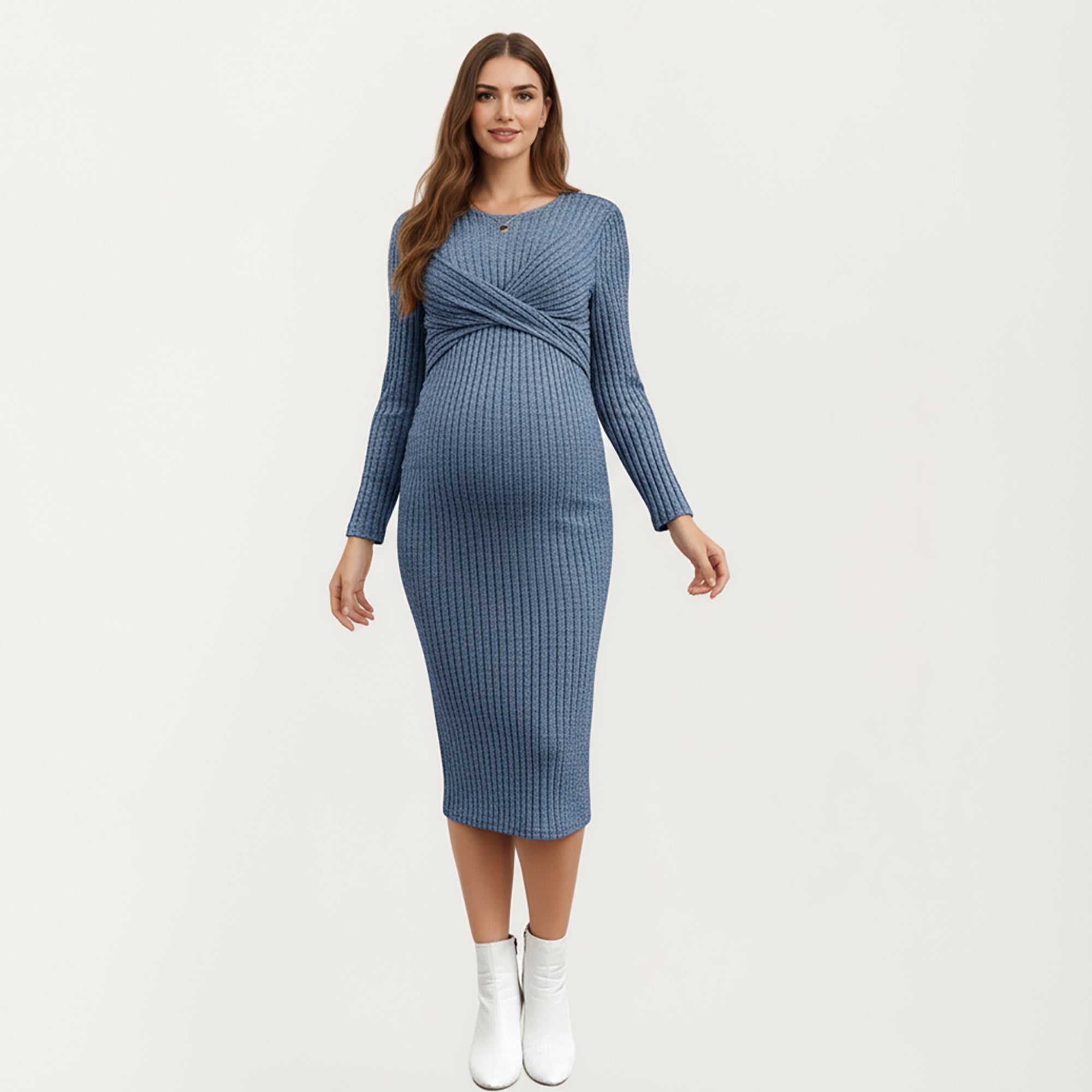Anna-Kaci Women's Ribbed Knit Maternity Dress with Long Sleeves and Front Twist Detail for Soft Stretch Comfort and a Smooth, Flattering Fit