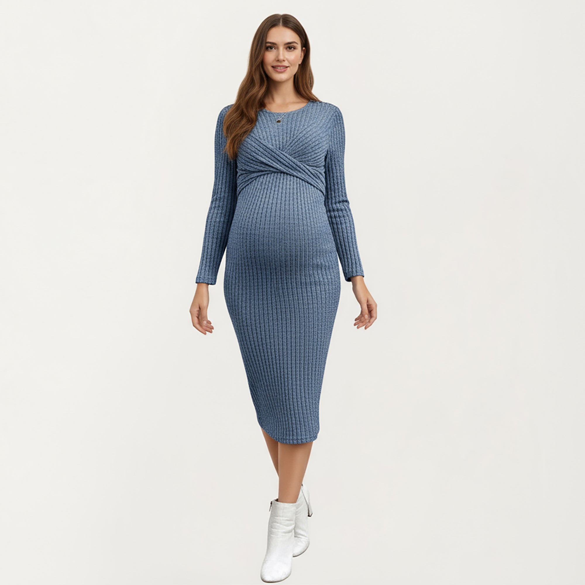 Anna-Kaci Women's Ribbed Knit Maternity Dress with Long Sleeves and Front Twist Detail for Soft Stretch Comfort and a Smooth, Flattering Fit
