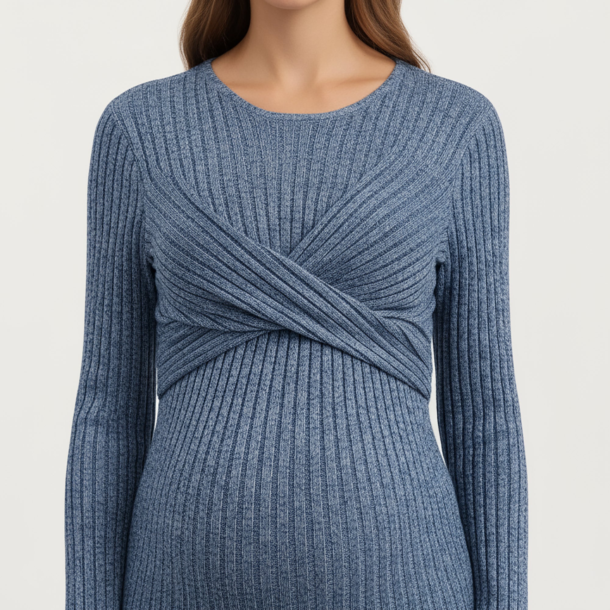 Anna-Kaci Women's Ribbed Knit Maternity Dress with Long Sleeves and Front Twist Detail for Soft Stretch Comfort and a Smooth, Flattering Fit