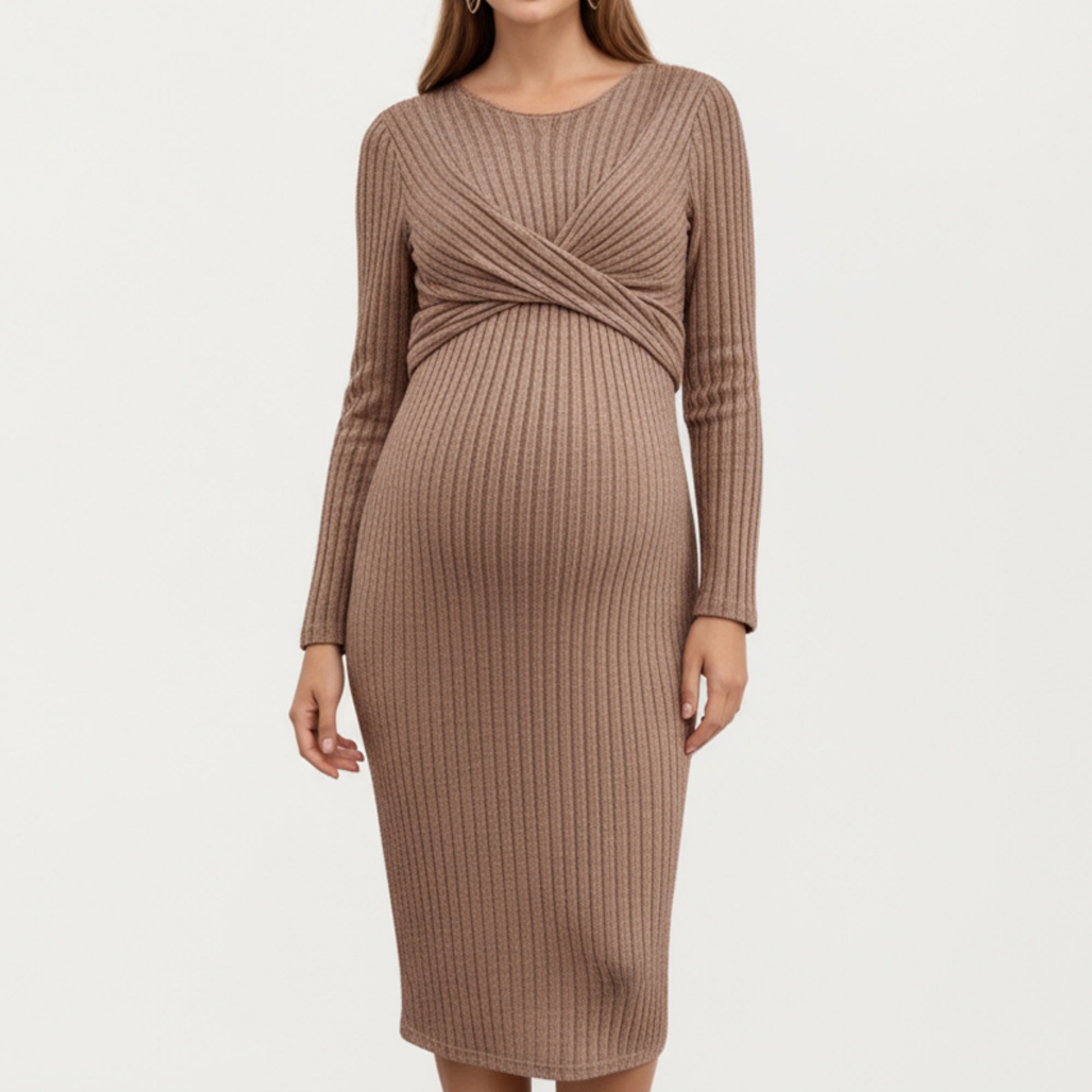 Anna-Kaci Women's Ribbed Knit Maternity Dress with Long Sleeves and Front Twist Detail for Soft Stretch Comfort and a Smooth, Flattering Fit