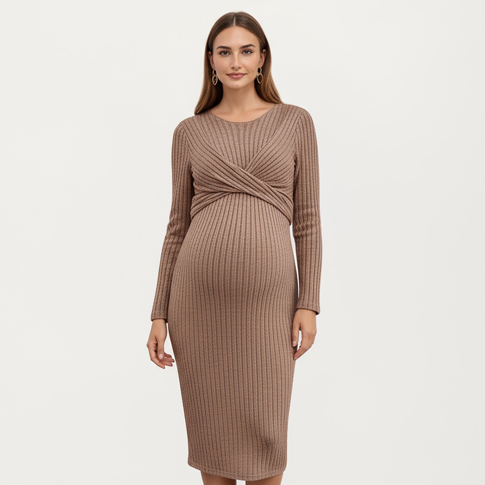 Anna-Kaci Women's Ribbed Knit Maternity Dress with Long Sleeves and Front Twist Detail for Soft Stretch Comfort and a Smooth, Flattering Fit