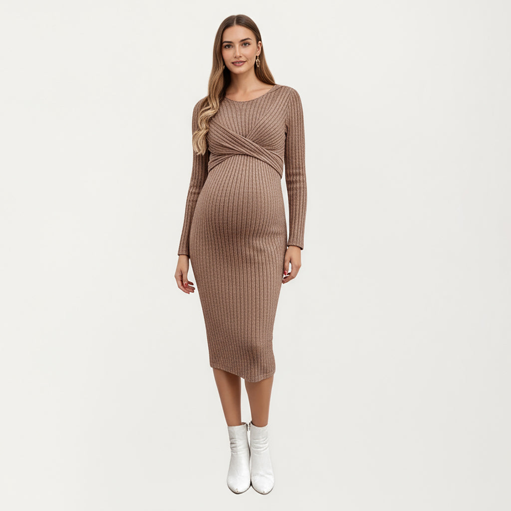 Anna-Kaci Women's Ribbed Knit Maternity Dress with Long Sleeves and Front Twist Detail for Soft Stretch Comfort and a Smooth, Flattering Fit