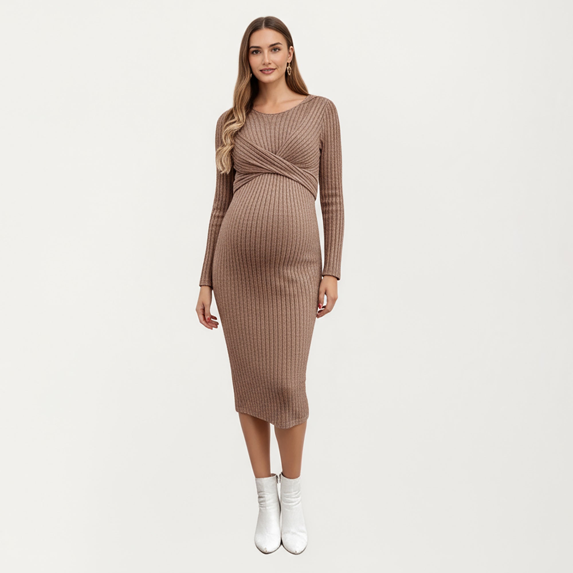Anna-Kaci Women's Ribbed Knit Maternity Dress with Long Sleeves and Front Twist Detail for Soft Stretch Comfort and a Smooth, Flattering Fit