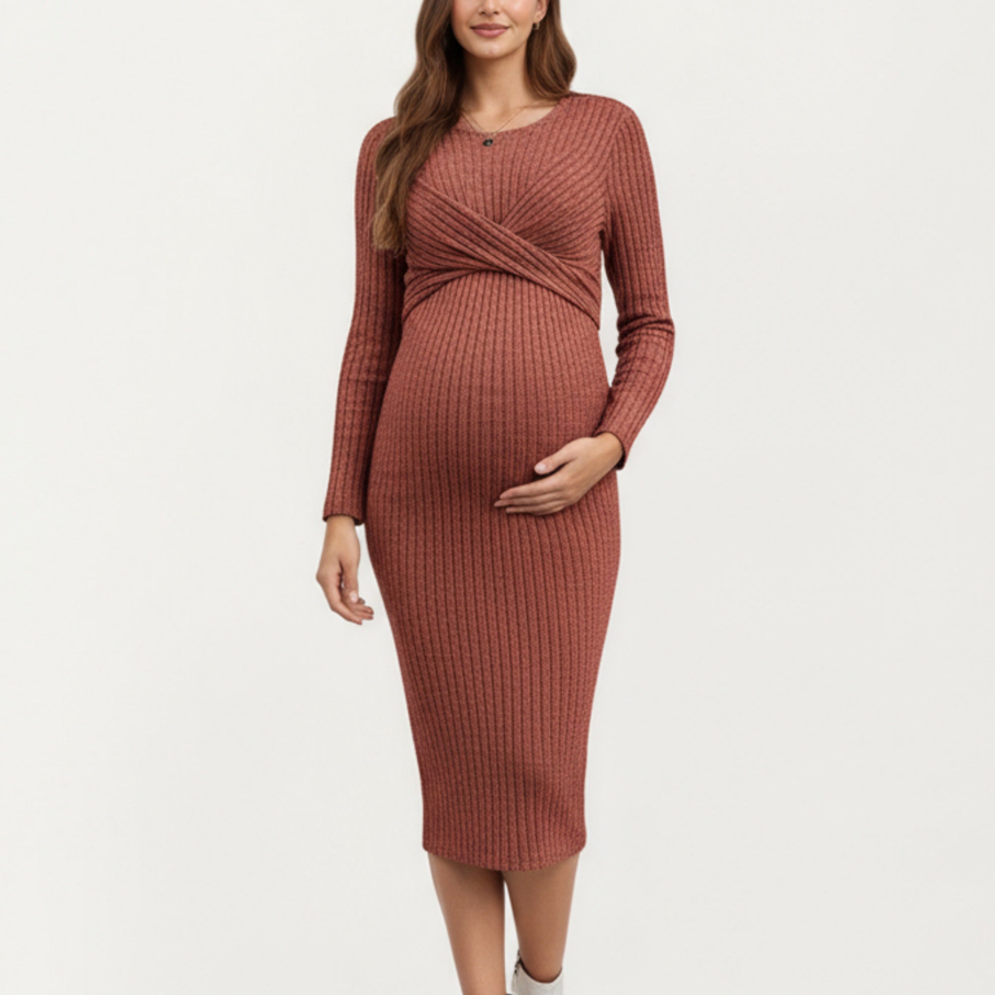 Anna-Kaci Women's Ribbed Knit Maternity Dress with Long Sleeves and Front Twist Detail for Soft Stretch Comfort and a Smooth, Flattering Fit
