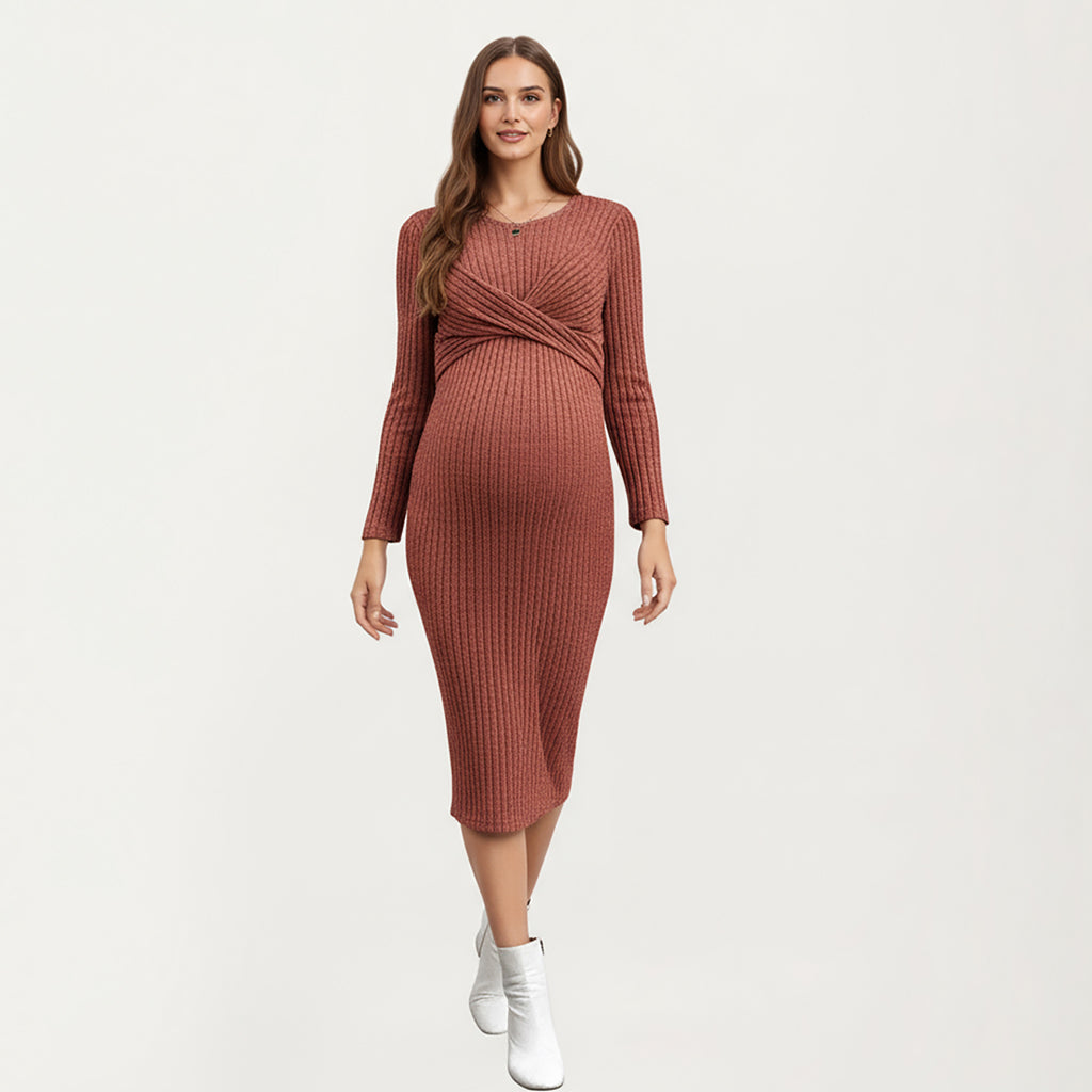 Anna-Kaci Women's Ribbed Knit Maternity Dress with Long Sleeves and Front Twist Detail for Soft Stretch Comfort and a Smooth, Flattering Fit