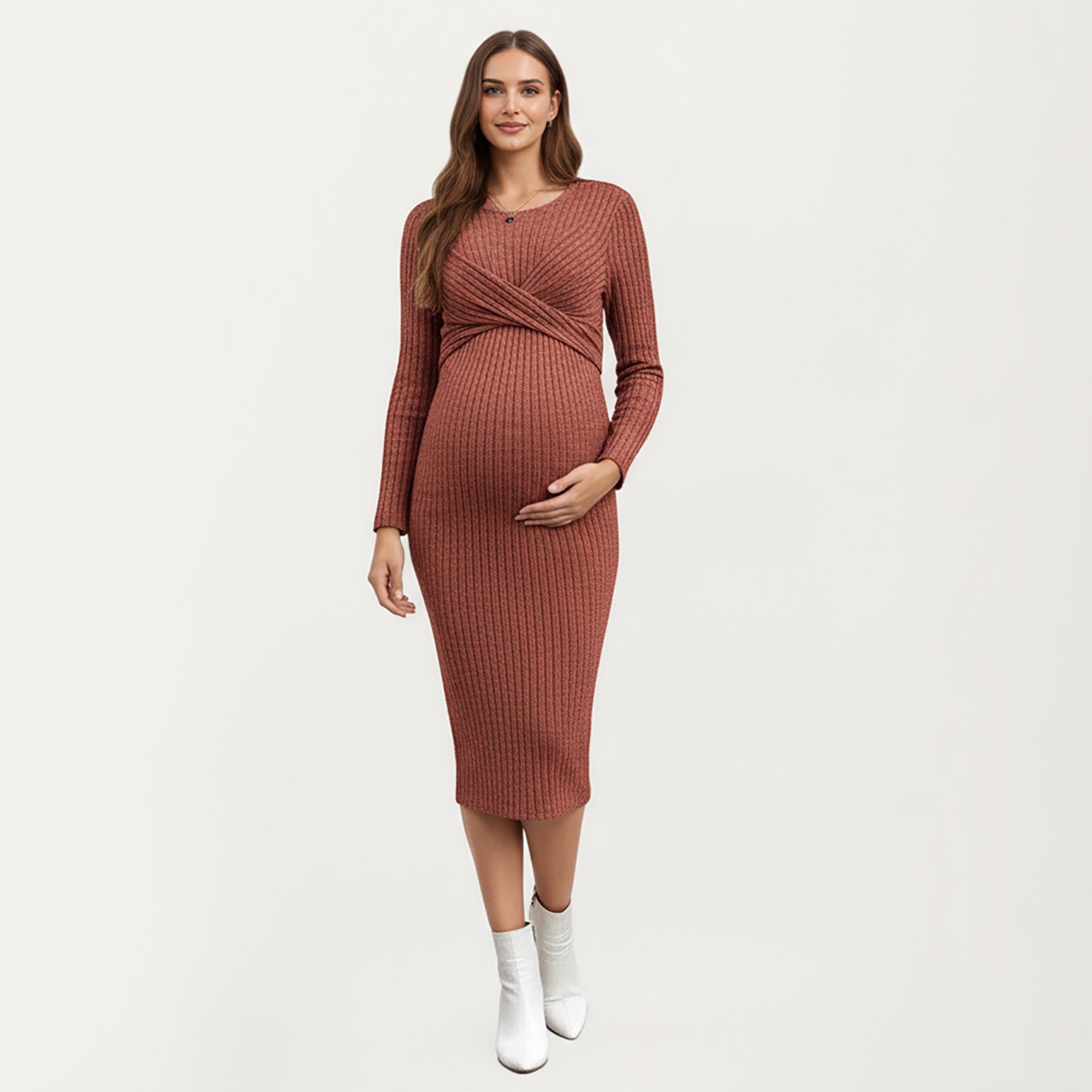 Anna-Kaci Women's Ribbed Knit Maternity Dress with Long Sleeves and Front Twist Detail for Soft Stretch Comfort and a Smooth, Flattering Fit