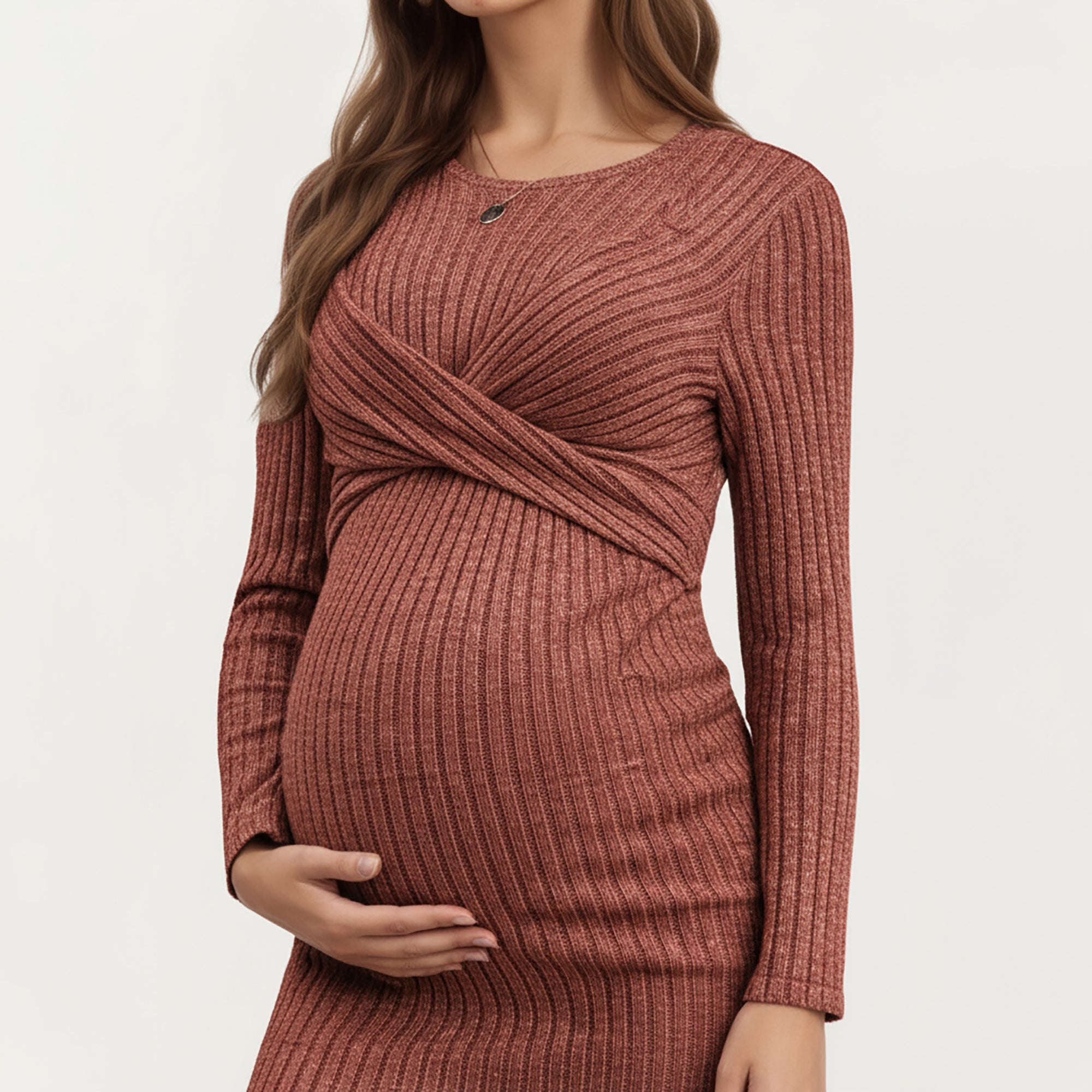 Anna-Kaci Women's Ribbed Knit Maternity Dress with Long Sleeves and Front Twist Detail for Soft Stretch Comfort and a Smooth, Flattering Fit