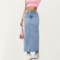 Anna-Kaci Women's High Waist Denim Maxi Skirt with Embroidered Bow Details and Clean Straight Silhouette Featuring a Structured Waist and Smooth Finish