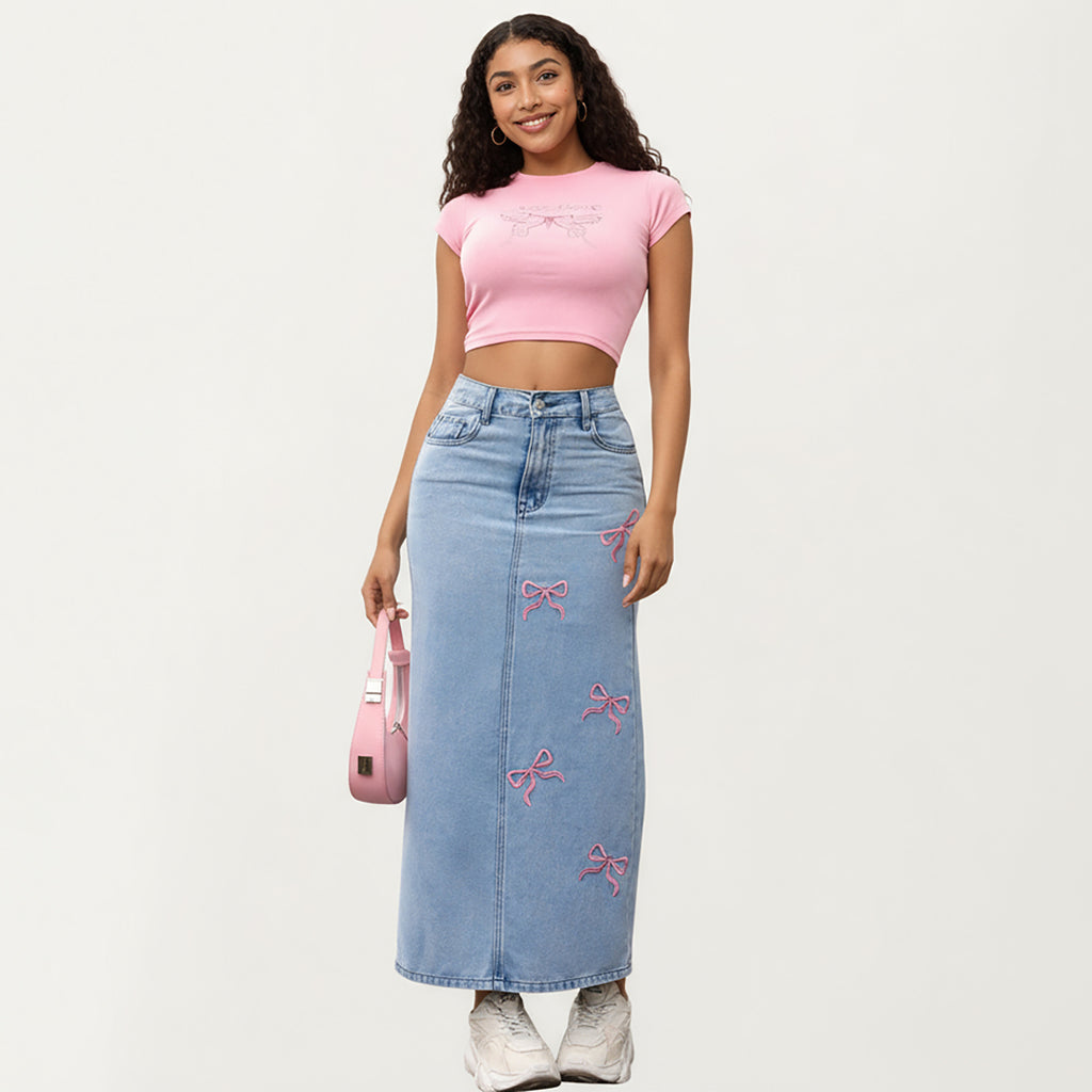 Anna-Kaci Women's High Waist Denim Maxi Skirt with Embroidered Bow Details and Clean Straight Silhouette Featuring a Structured Waist and Smooth Finish