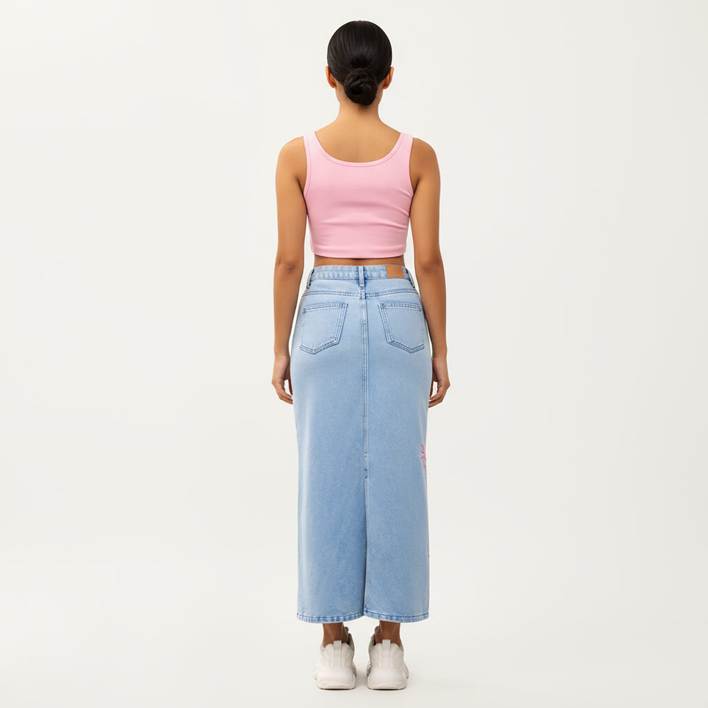 Anna-Kaci Women's High Waist Denim Maxi Skirt with Embroidered Bow Details and Clean Straight Silhouette Featuring a Structured Waist and Smooth Finish