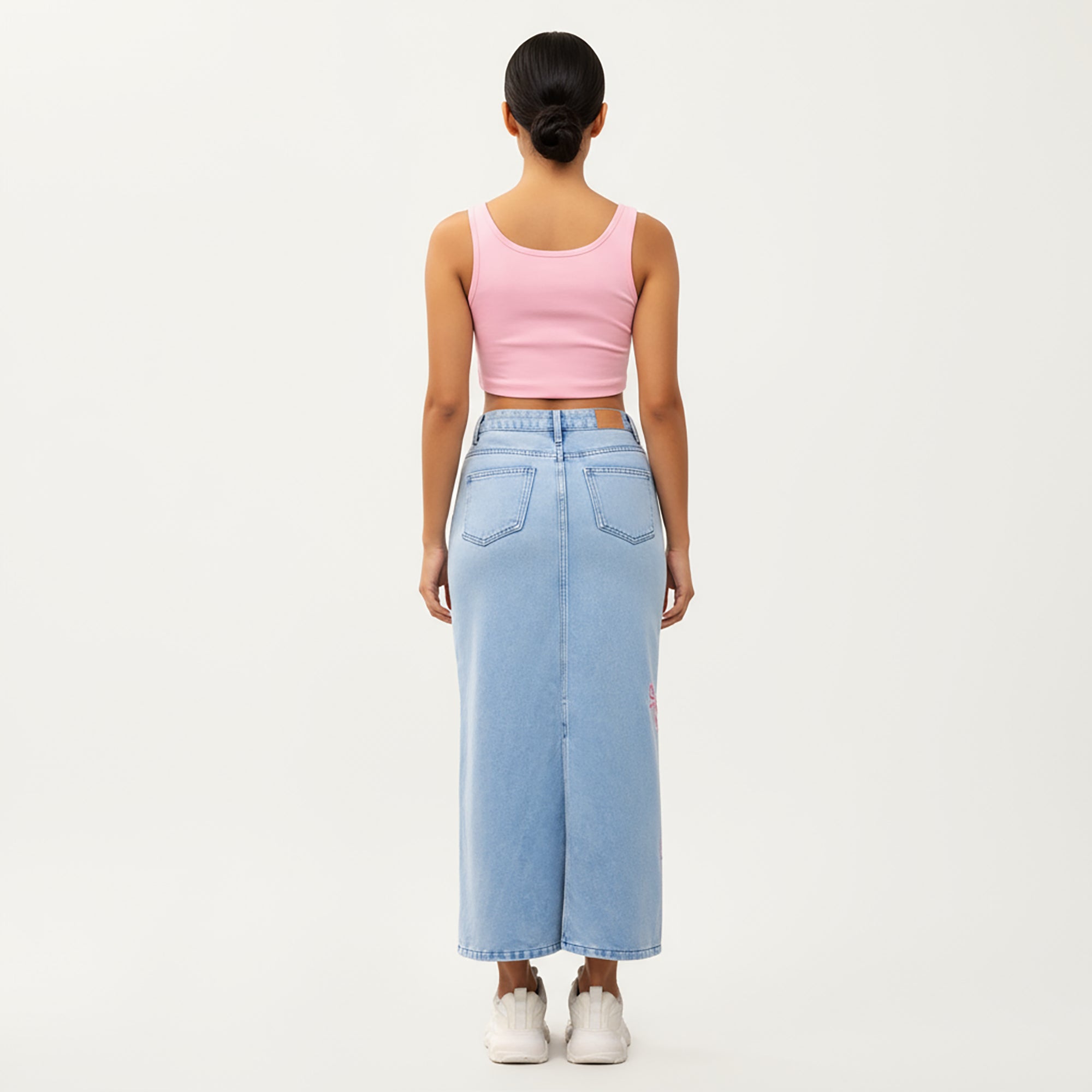 Anna-Kaci Women's High Waist Denim Maxi Skirt with Embroidered Bow Details and Clean Straight Silhouette Featuring a Structured Waist and Smooth Finish