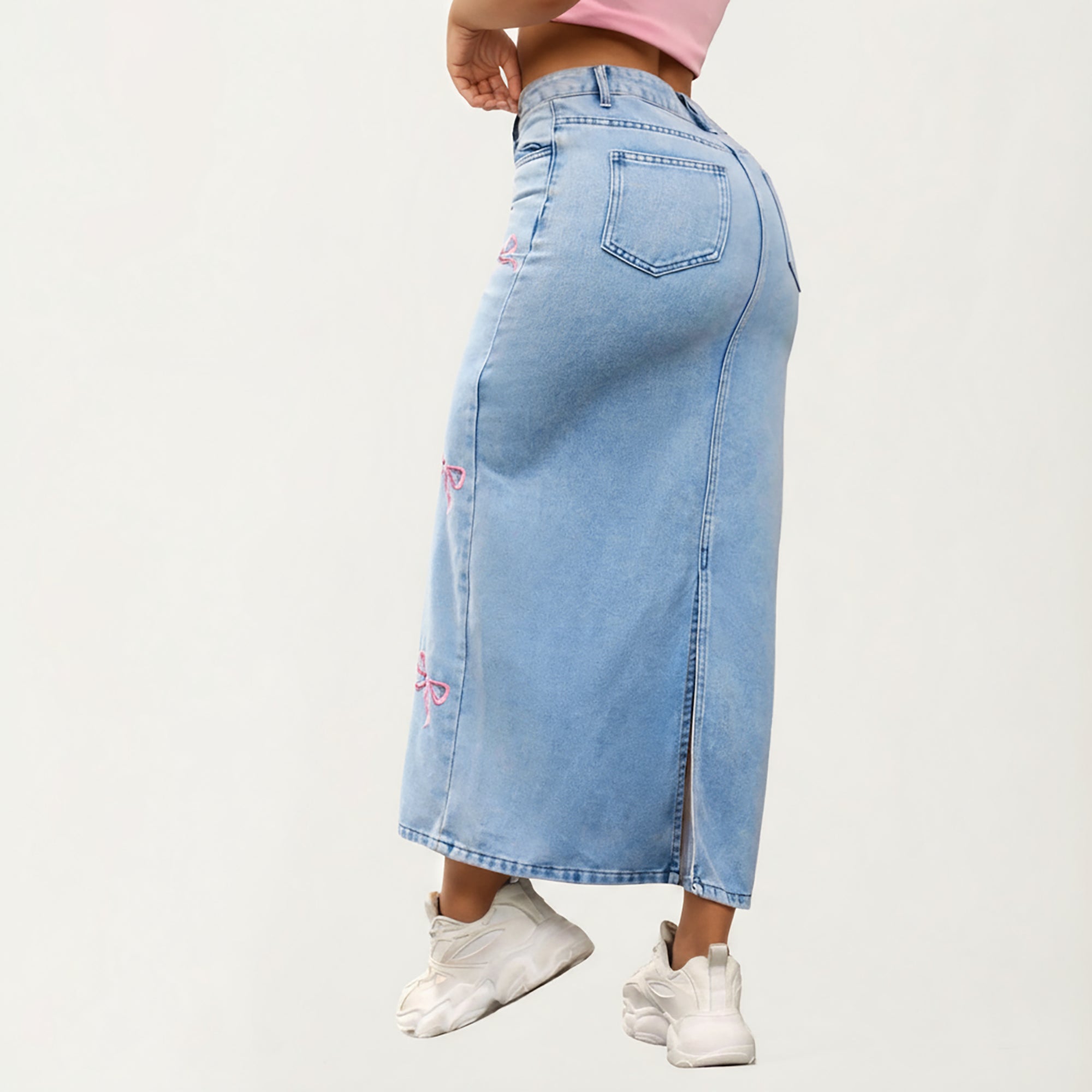 Anna-Kaci Women's High Waist Denim Maxi Skirt with Embroidered Bow Details and Clean Straight Silhouette Featuring a Structured Waist and Smooth Finish