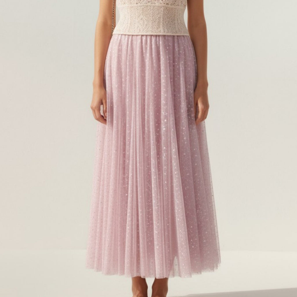 Anna-Kaci Women's Sparkle Tulle Midi Skirt with Soft Flowing Mesh Layers Comfortable Elastic Waist and Textured Shimmering Detail