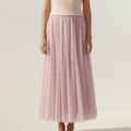 Anna-Kaci Women's Sparkle Tulle Midi Skirt with Soft Flowing Mesh Layers Comfortable Elastic Waist and Textured Shimmering Detail
