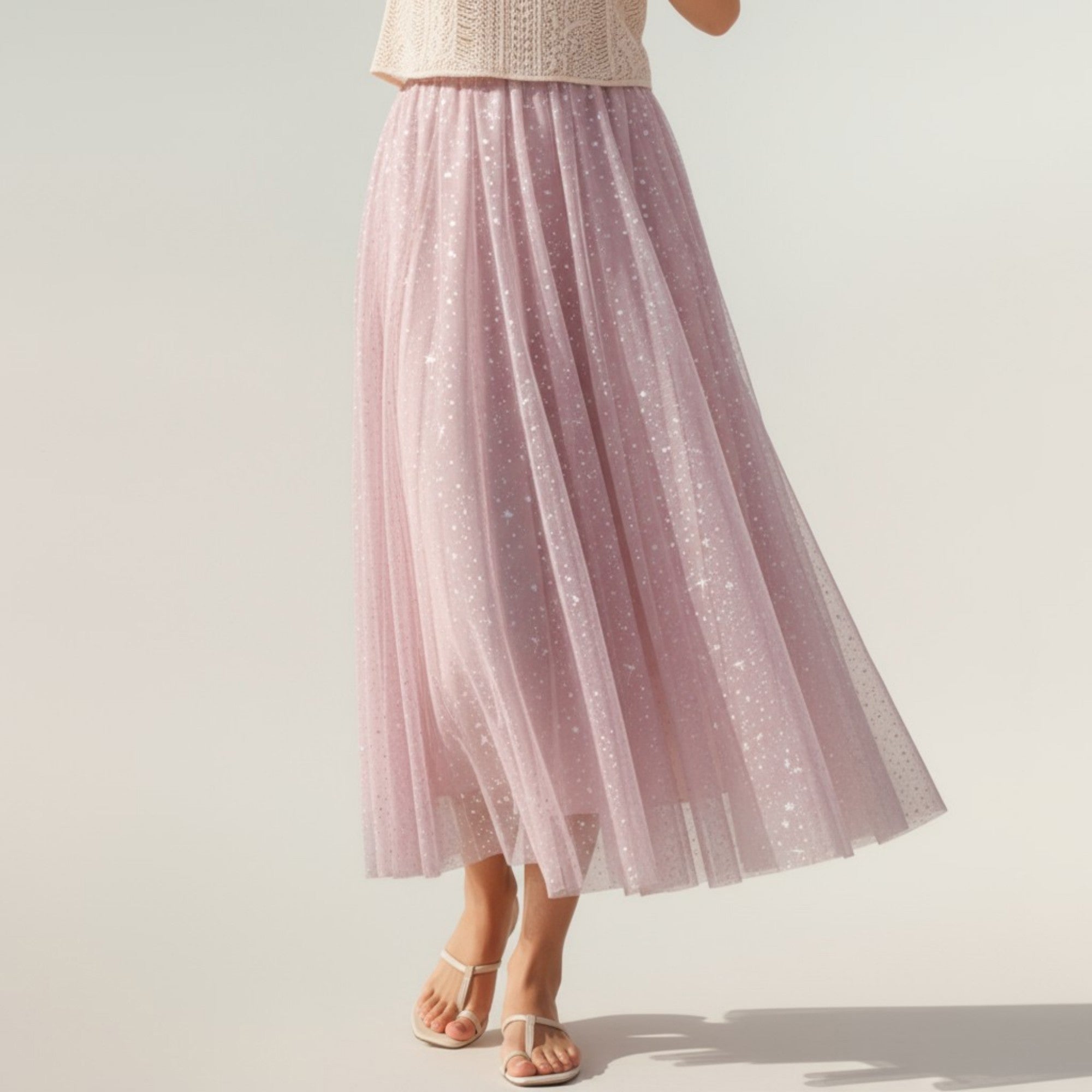 Anna-Kaci Women's Sparkle Tulle Midi Skirt with Soft Flowing Mesh Layers Comfortable Elastic Waist and Textured Shimmering Detail