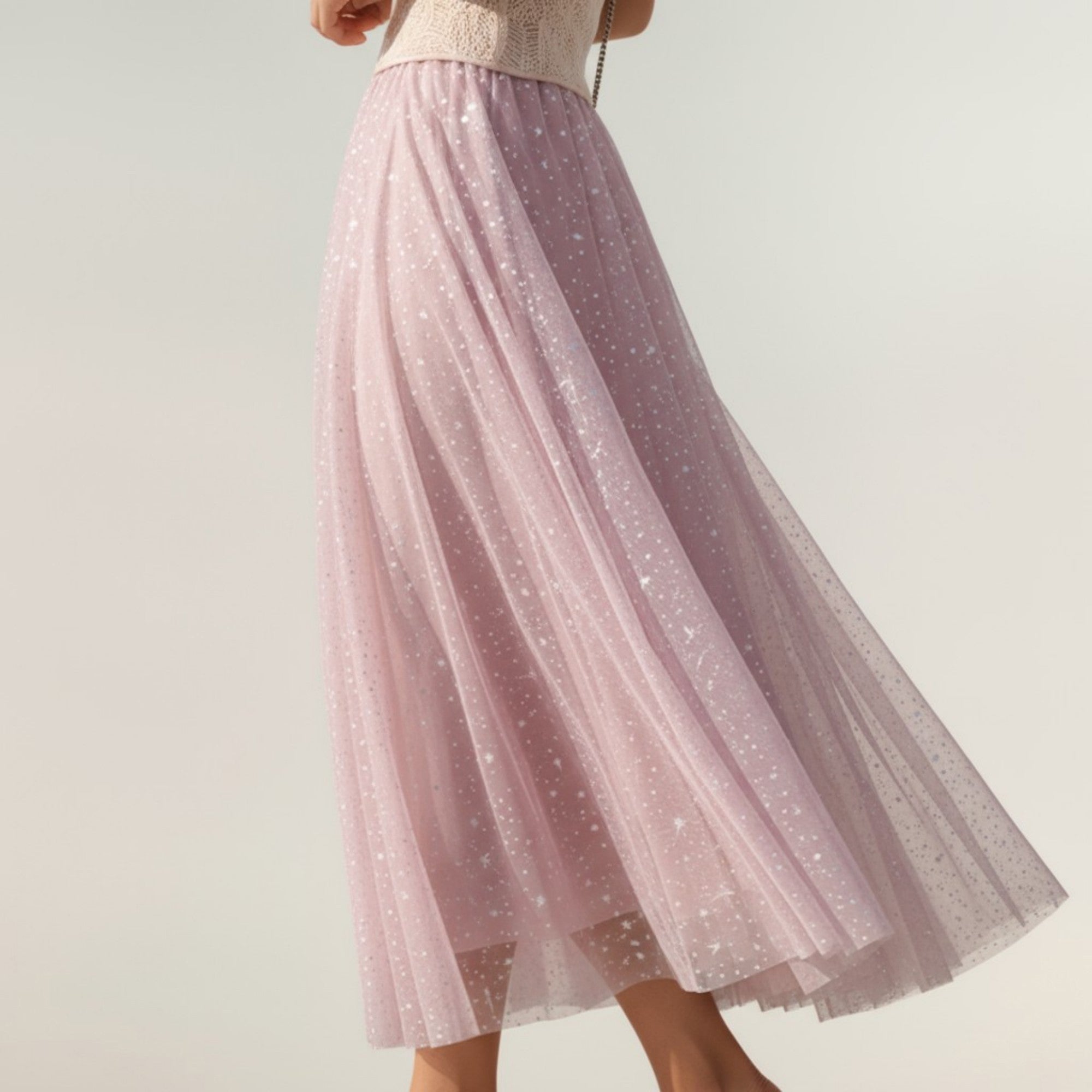 Anna-Kaci Women's Sparkle Tulle Midi Skirt with Soft Flowing Mesh Layers Comfortable Elastic Waist and Textured Shimmering Detail