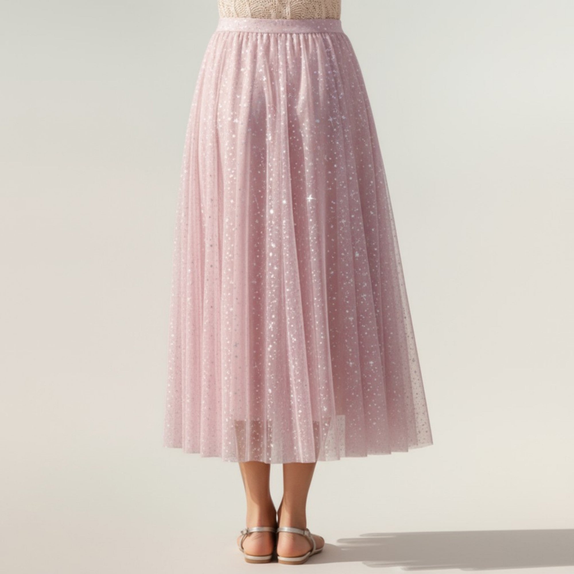 Anna-Kaci Women's Sparkle Tulle Midi Skirt with Soft Flowing Mesh Layers Comfortable Elastic Waist and Textured Shimmering Detail