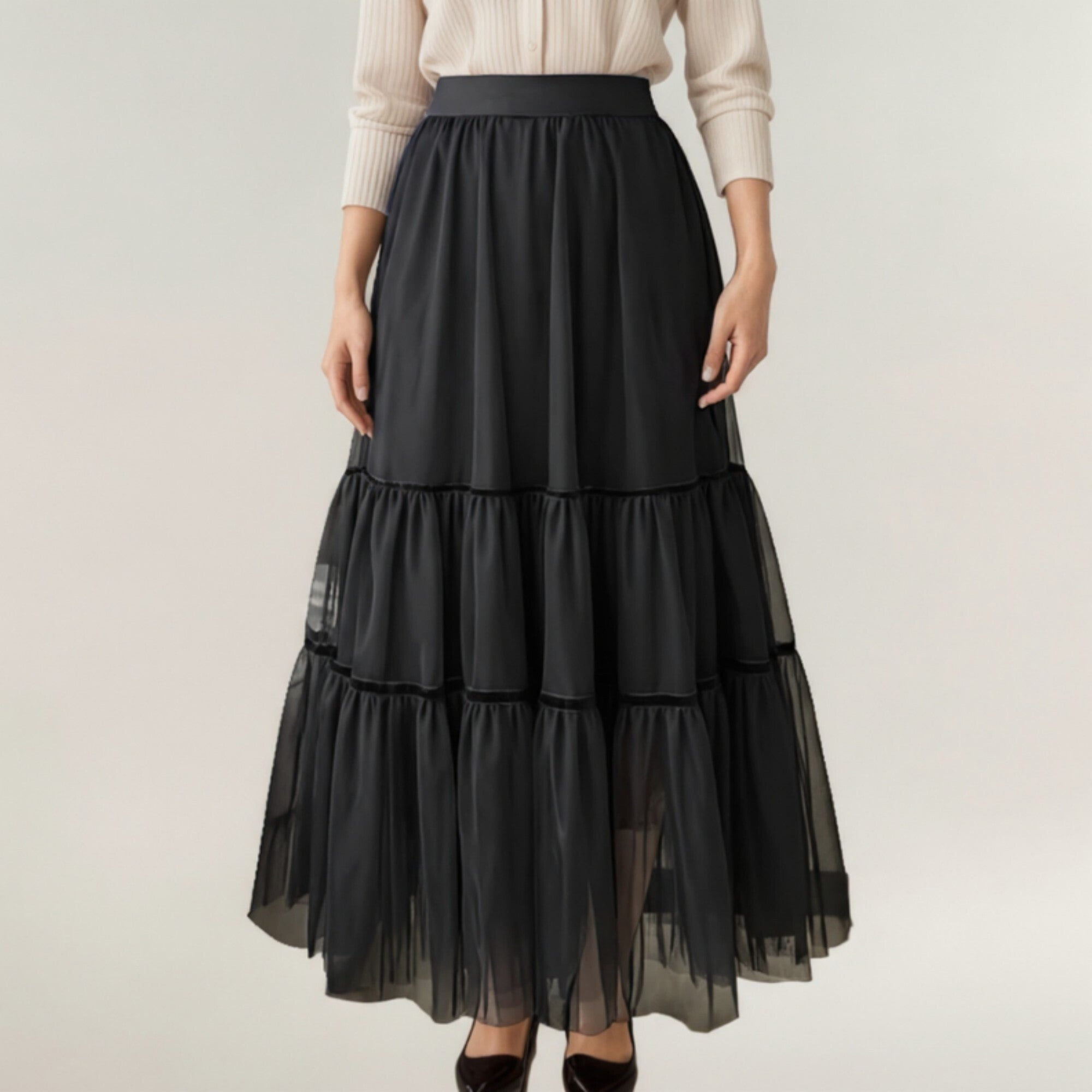 Anna-Kaci Women¡¯s Tiered Mesh Maxi Skirt with Layered Sheer Panels and Flowing A-Line Silhouette