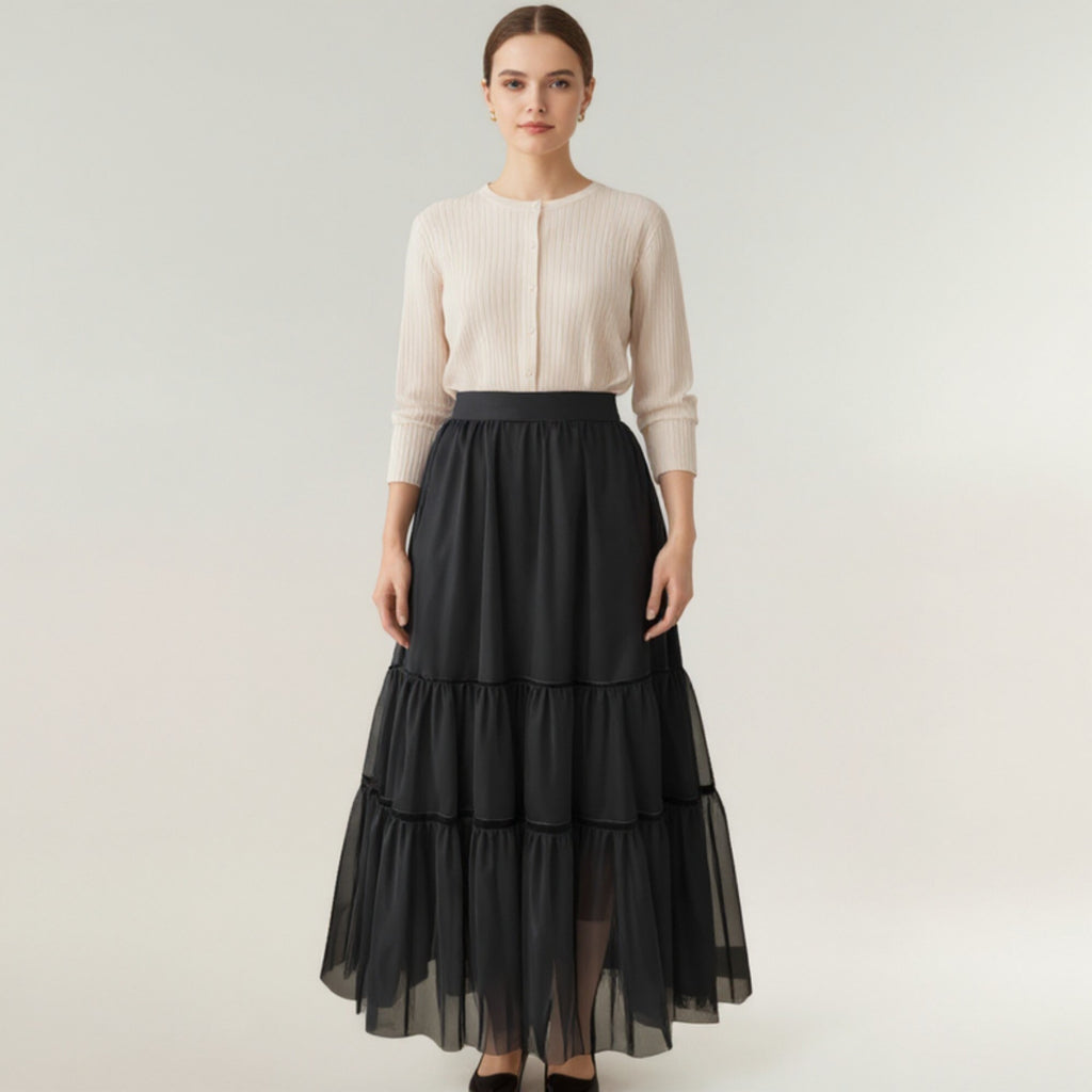 Anna-Kaci Women¡¯s Tiered Mesh Maxi Skirt with Layered Sheer Panels and Flowing A-Line Silhouette