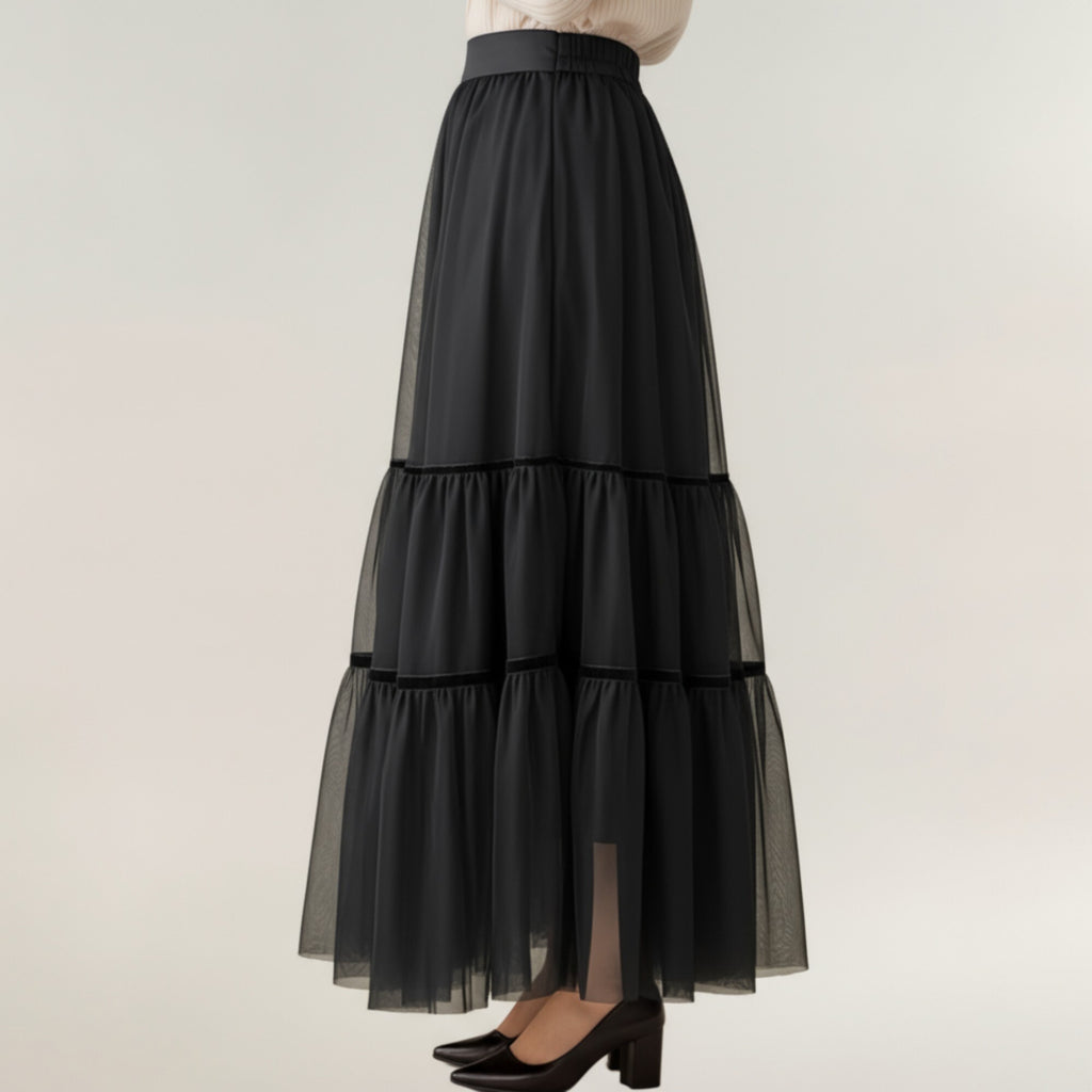 Anna-Kaci Women¡¯s Tiered Mesh Maxi Skirt with Layered Sheer Panels and Flowing A-Line Silhouette