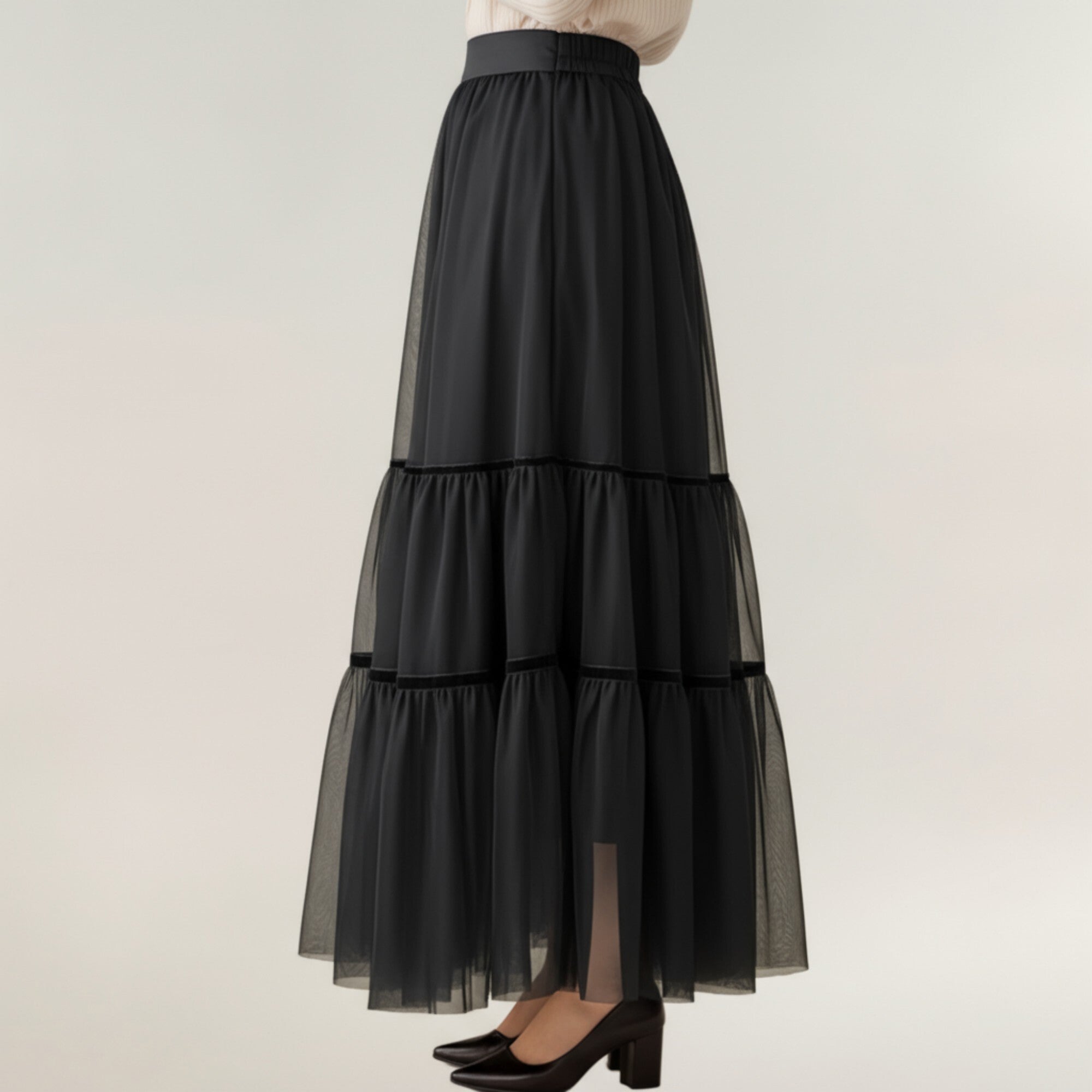 Anna-Kaci Women¡¯s Tiered Mesh Maxi Skirt with Layered Sheer Panels and Flowing A-Line Silhouette
