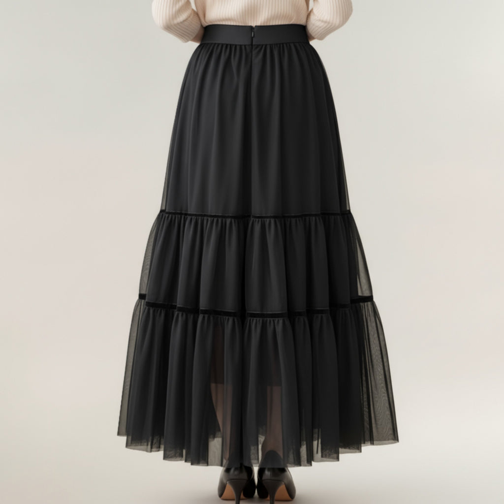 Anna-Kaci Women¡¯s Tiered Mesh Maxi Skirt with Layered Sheer Panels and Flowing A-Line Silhouette