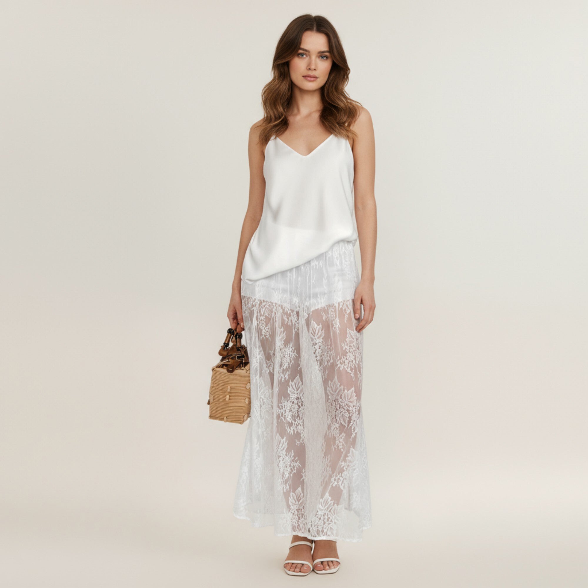 Anna-Kaci Women¡¯s Floral Lace Midi Skirt with Sheer Embroidered Detail Soft Flowing Drape and Comfortable Waistband for Elegant Movement