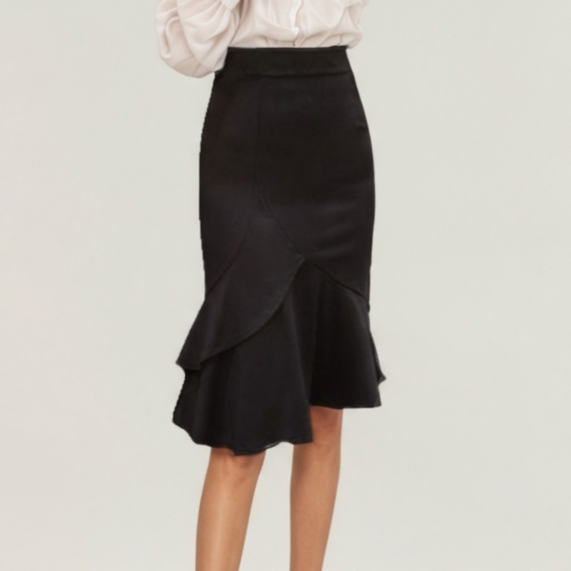 Anna-Kaci Women¡¯s High Waist Midi Skirt with Soft Flowing Fabric, Curved Overlay Paneling and Flared Ruffle Hem for a Smooth, Elegant Silhouette