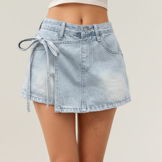 Anna-Kaci Women¡¯s Denim Mini Skirt with Front Seam Detailing, Adjustable Side Tie Accent and Structured Fabric for a Smooth, Flattering Shape