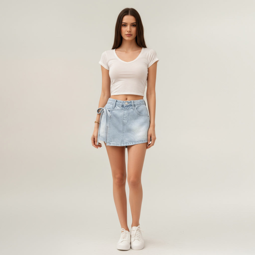 Anna-Kaci Women¡¯s Denim Mini Skirt with Front Seam Detailing, Adjustable Side Tie Accent and Structured Fabric for a Smooth, Flattering Shape