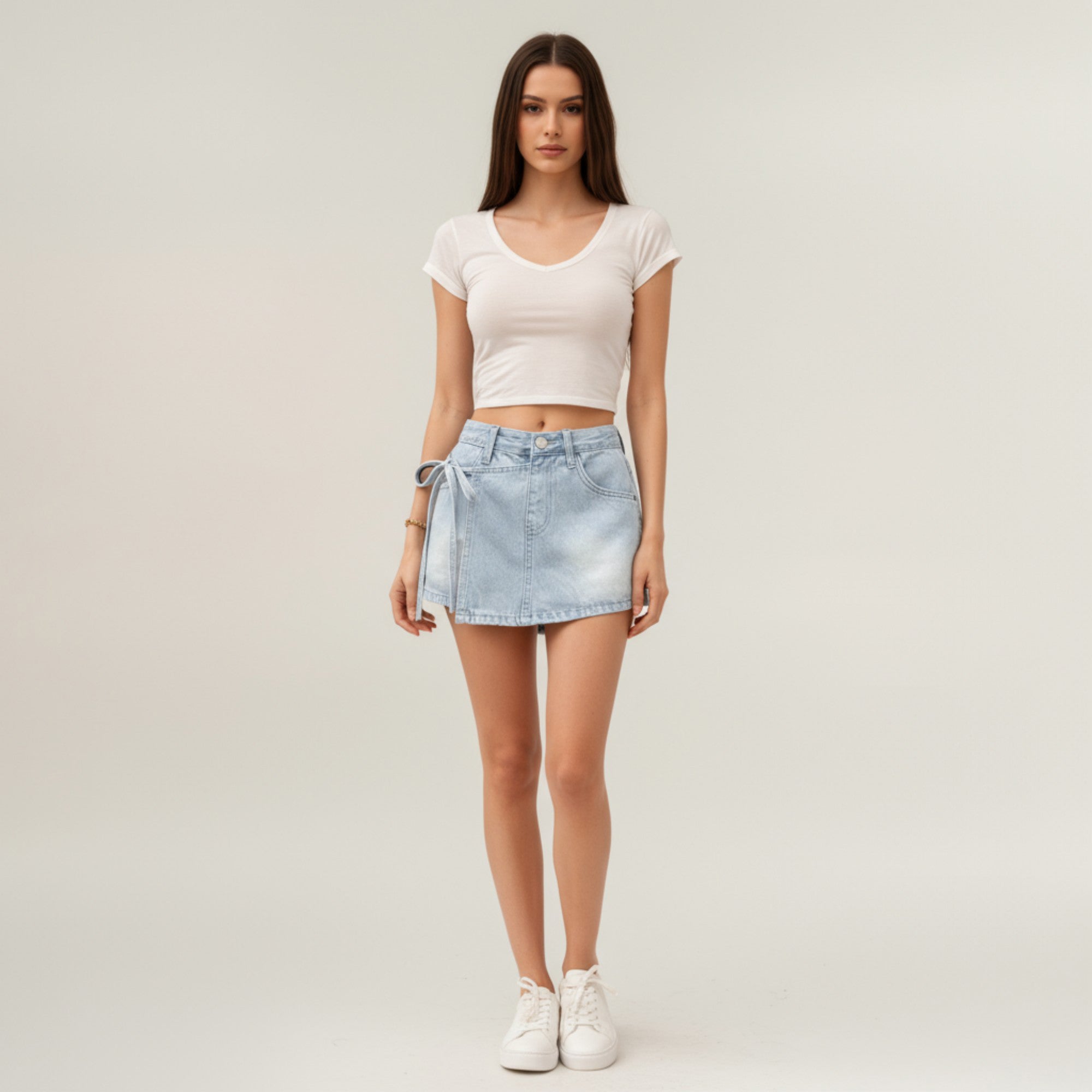 Anna-Kaci Women¡¯s Denim Mini Skirt with Front Seam Detailing, Adjustable Side Tie Accent and Structured Fabric for a Smooth, Flattering Shape