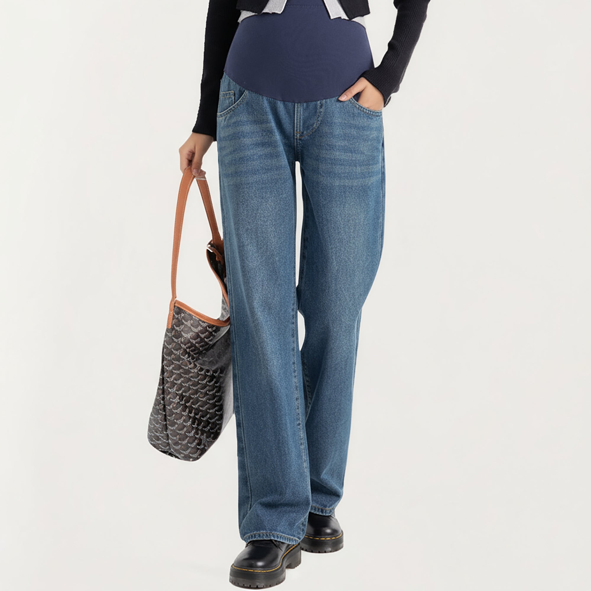 Anna-Kaci Women's Maternity Full Panel Wide Leg Jeans with Supportive Stretch Waistband and Relaxed Straight Silhouette Featuring Classic Seam Details
