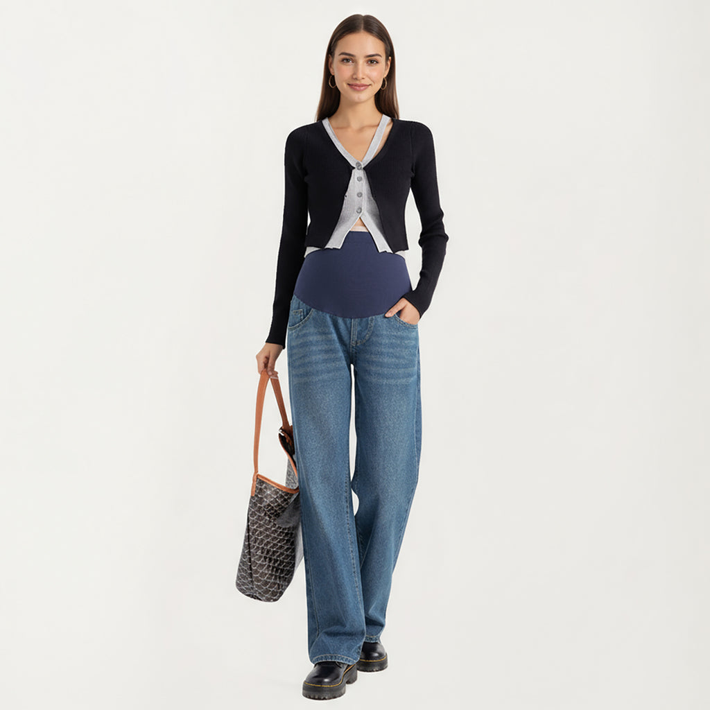 Anna-Kaci Women's Maternity Full Panel Wide Leg Jeans with Supportive Stretch Waistband and Relaxed Straight Silhouette Featuring Classic Seam Details