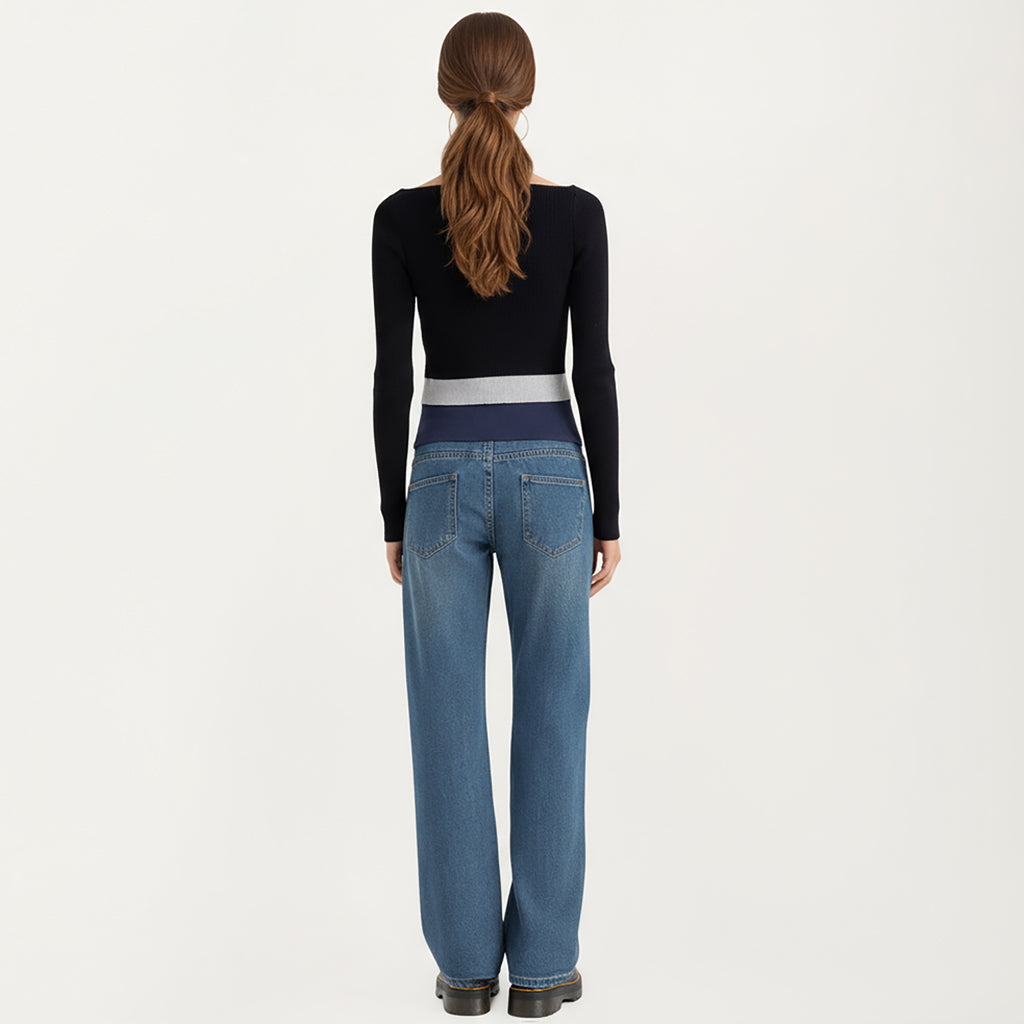 Anna-Kaci Women's Maternity Full Panel Wide Leg Jeans with Supportive Stretch Waistband and Relaxed Straight Silhouette Featuring Classic Seam Details