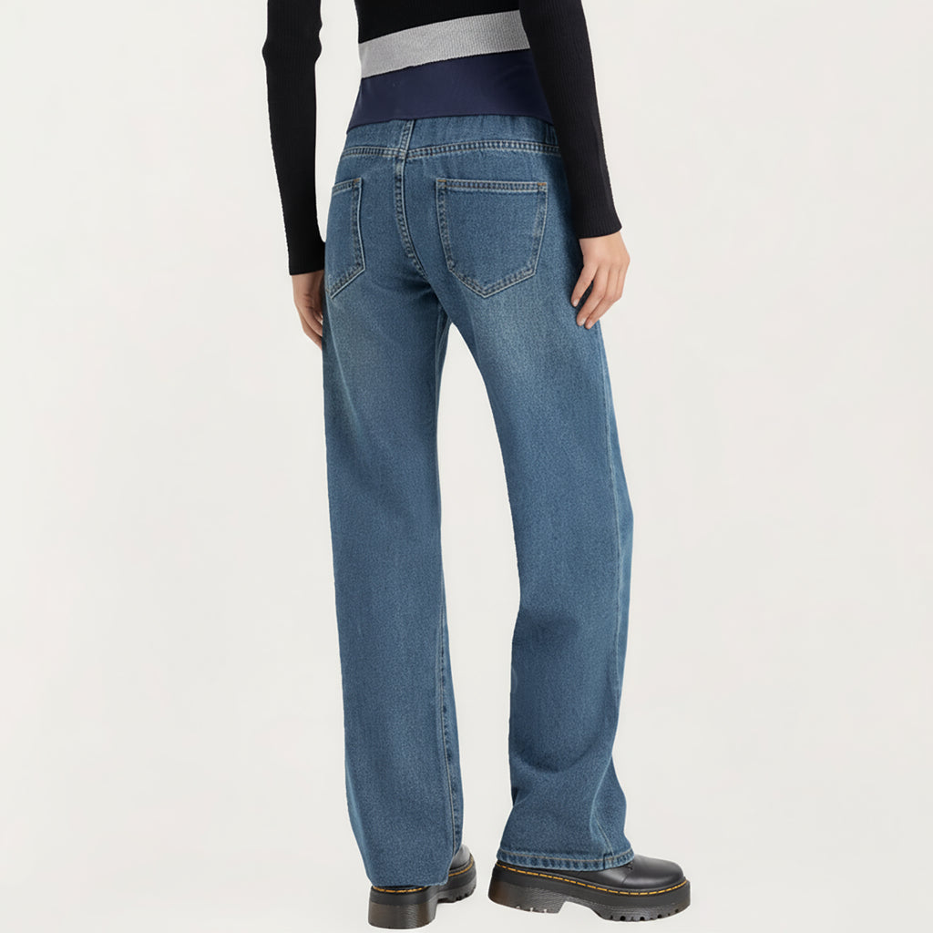 Anna-Kaci Women's Maternity Full Panel Wide Leg Jeans with Supportive Stretch Waistband and Relaxed Straight Silhouette Featuring Classic Seam Details