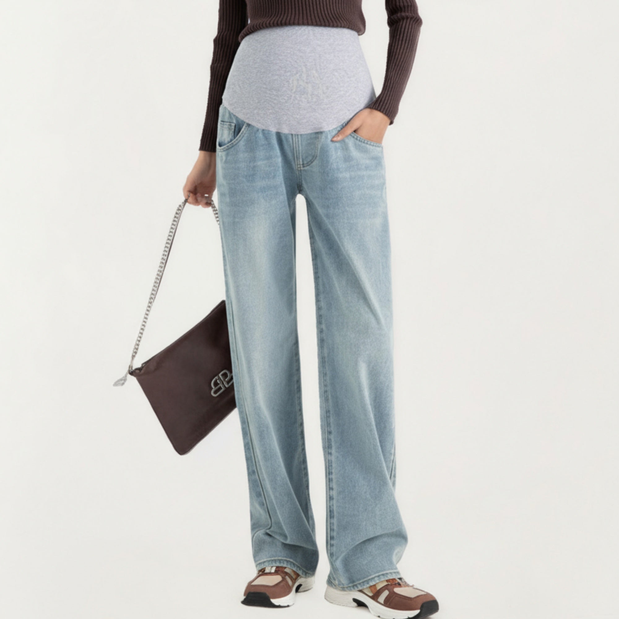 Anna-Kaci Women's Maternity Full Panel Wide Leg Jeans with Supportive Stretch Waistband and Relaxed Straight Silhouette Featuring Classic Seam Details
