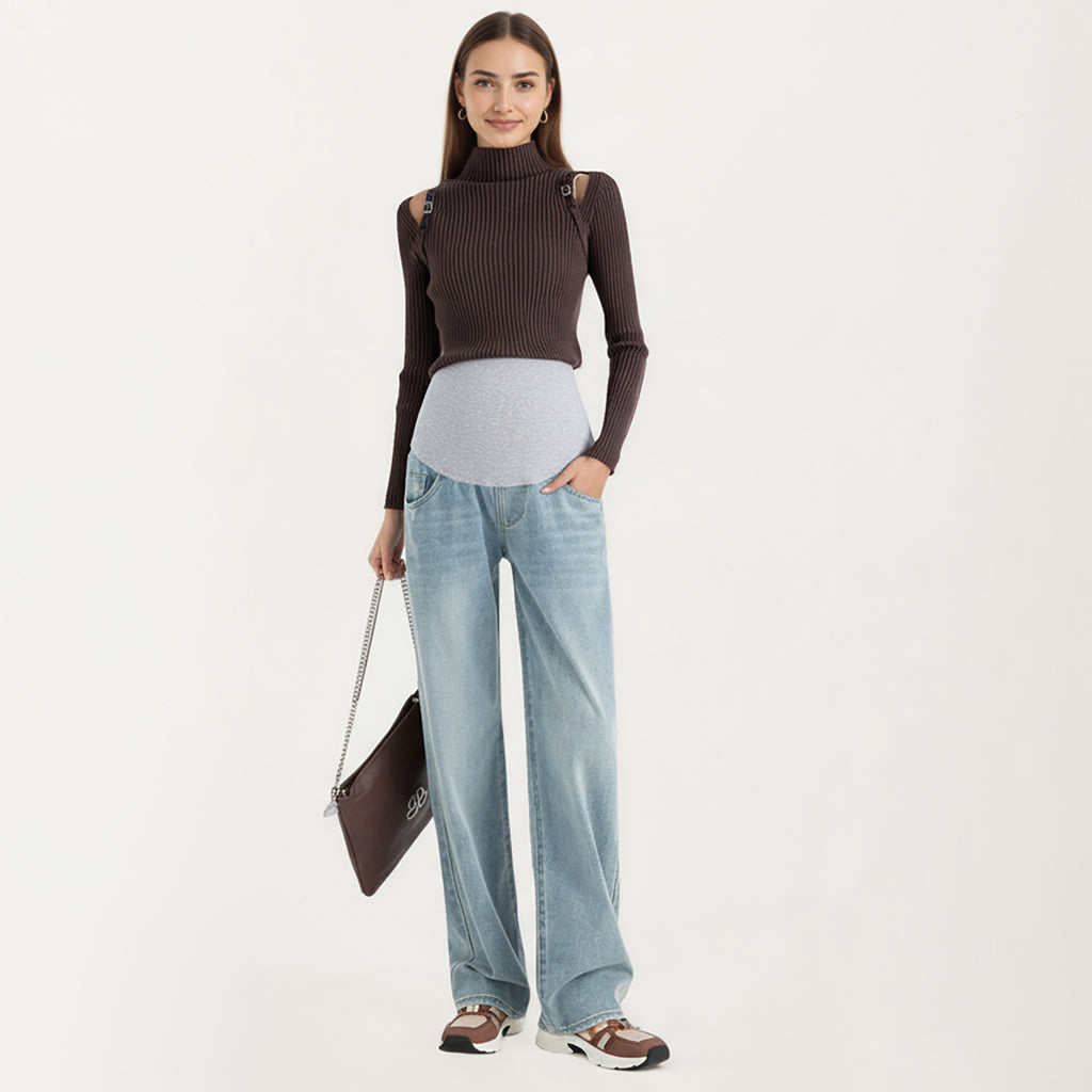 Anna-Kaci Women's Maternity Full Panel Wide Leg Jeans with Supportive Stretch Waistband and Relaxed Straight Silhouette Featuring Classic Seam Details