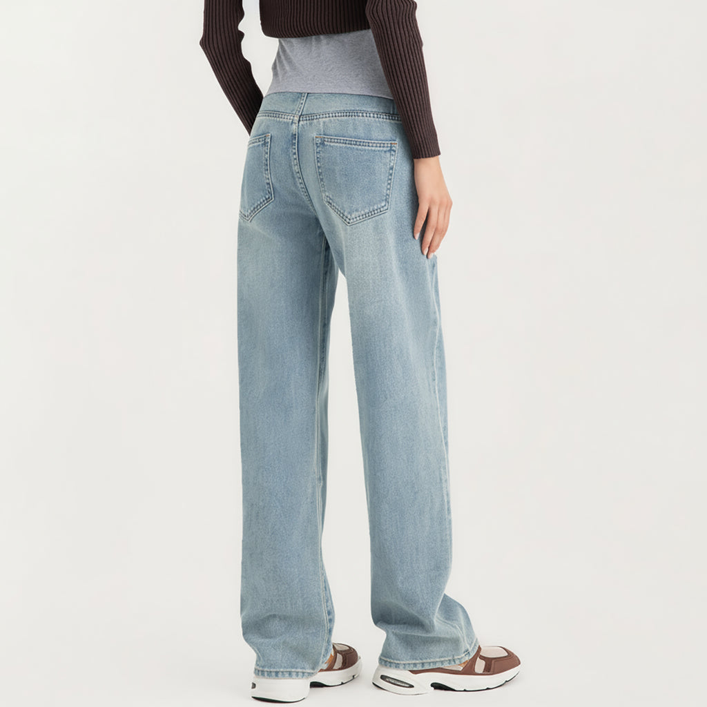 Anna-Kaci Women's Maternity Full Panel Wide Leg Jeans with Supportive Stretch Waistband and Relaxed Straight Silhouette Featuring Classic Seam Details