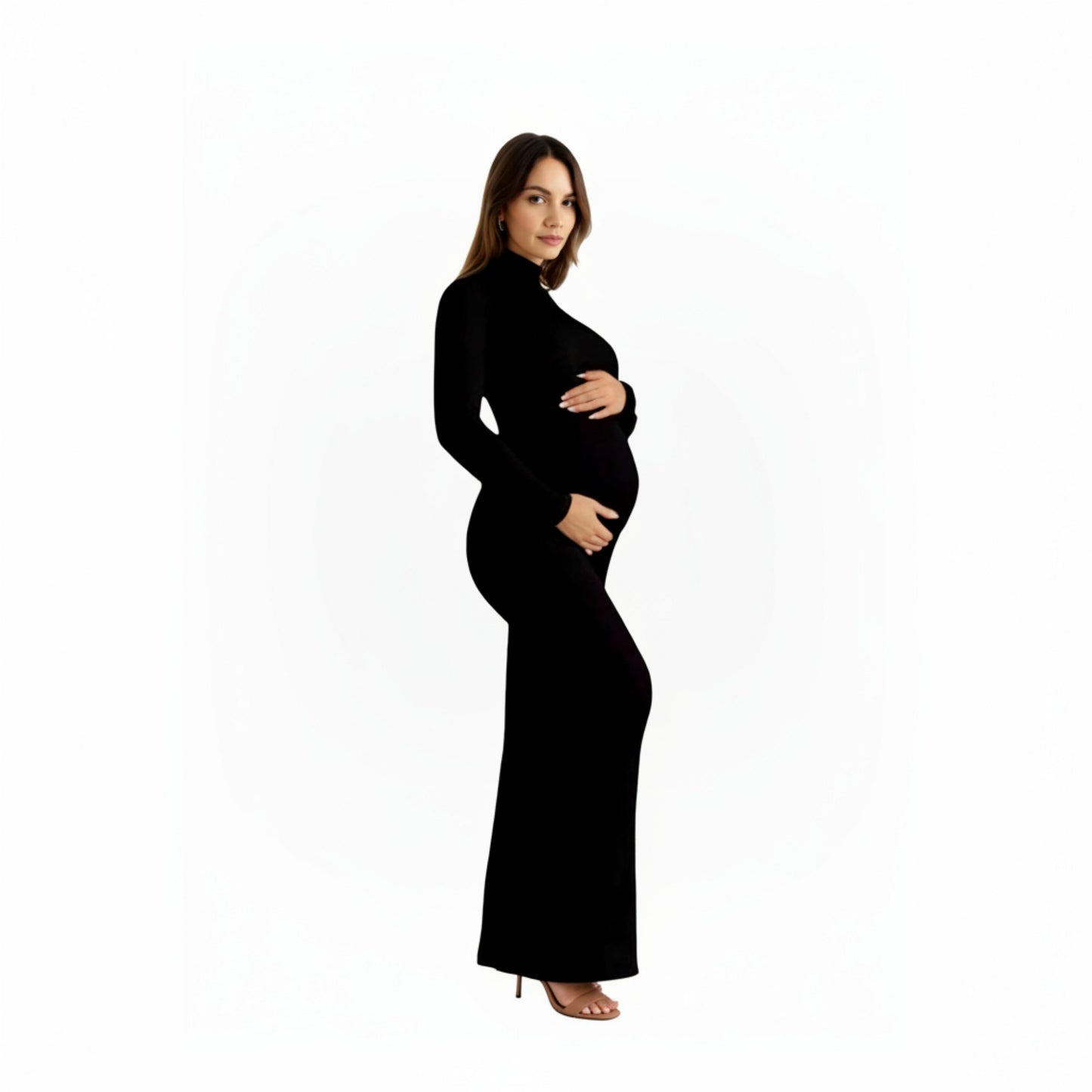 Anna-Kaci Women' s Long Sleeve Maternity Maxi Dress with Sleek Fitted Silhouette Soft Stretch Fabric and Elegant Turtleneck Design