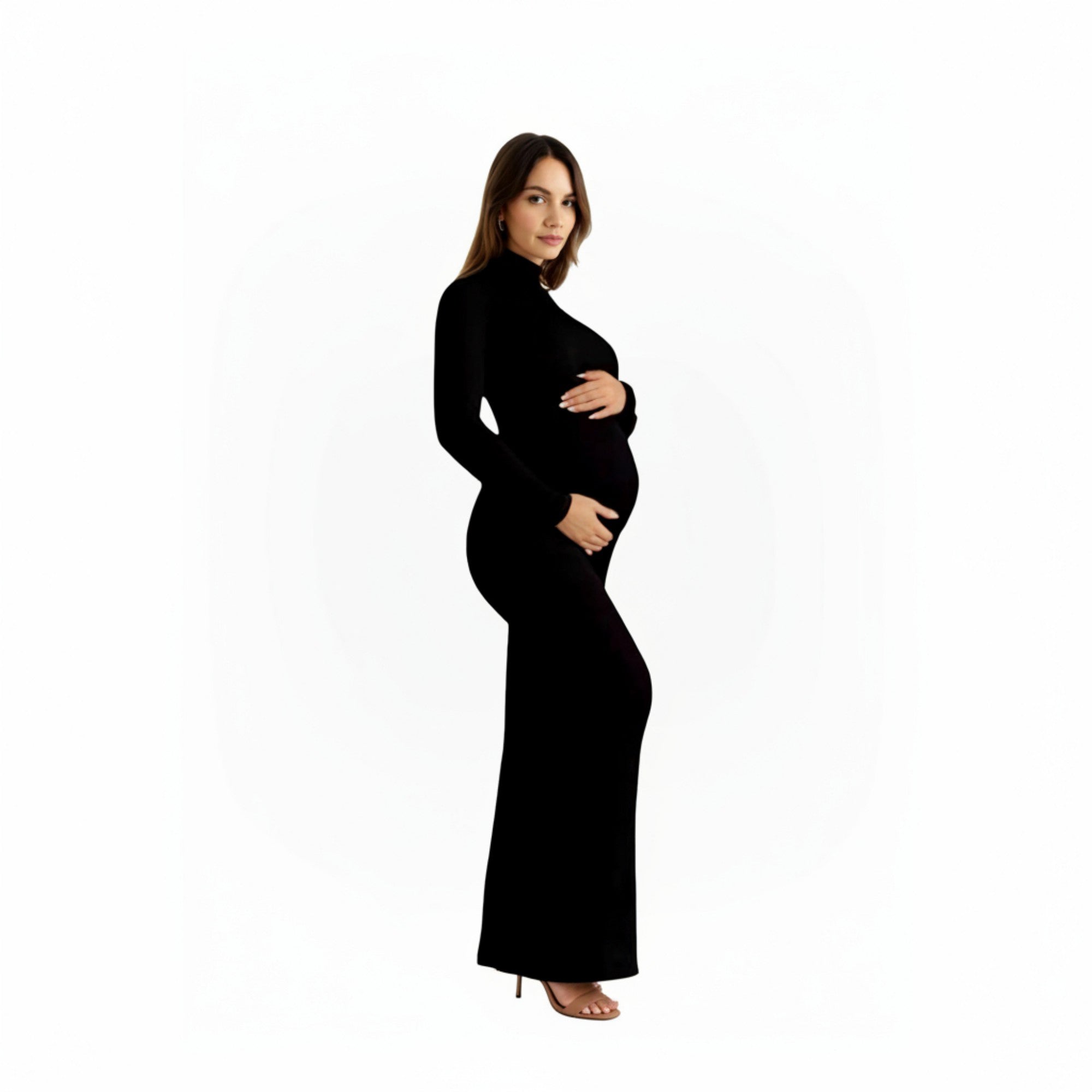 long sleeve fitted maxi maternity dress Anna-Kaci Women's Long Sleeve Maternity Maxi Dress with Sleek Fitted Silhouette Soft Stretch Fabric and Elegant Turtleneck Design