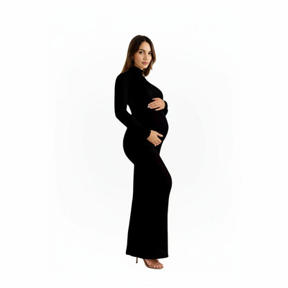 Anna-Kaci Women' s Long Sleeve Maternity Maxi Dress with Sleek Fitted Silhouette Soft Stretch Fabric and Elegant Turtleneck Design