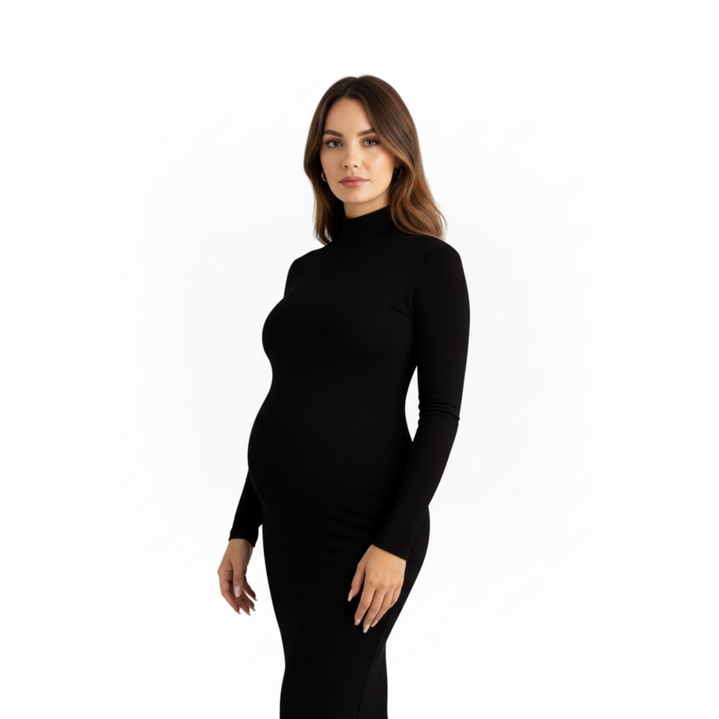 Anna-Kaci Women' s Long Sleeve Maternity Maxi Dress with Sleek Fitted Silhouette Soft Stretch Fabric and Elegant Turtleneck Design