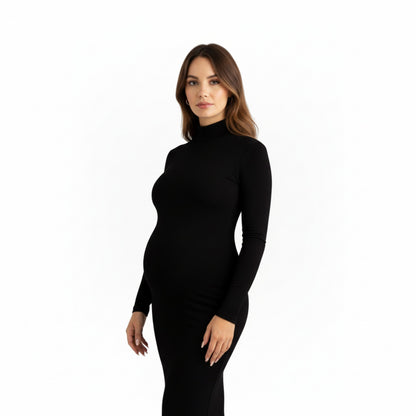 Anna-Kaci Women' s Long Sleeve Maternity Maxi Dress with Sleek Fitted Silhouette Soft Stretch Fabric and Elegant Turtleneck Design